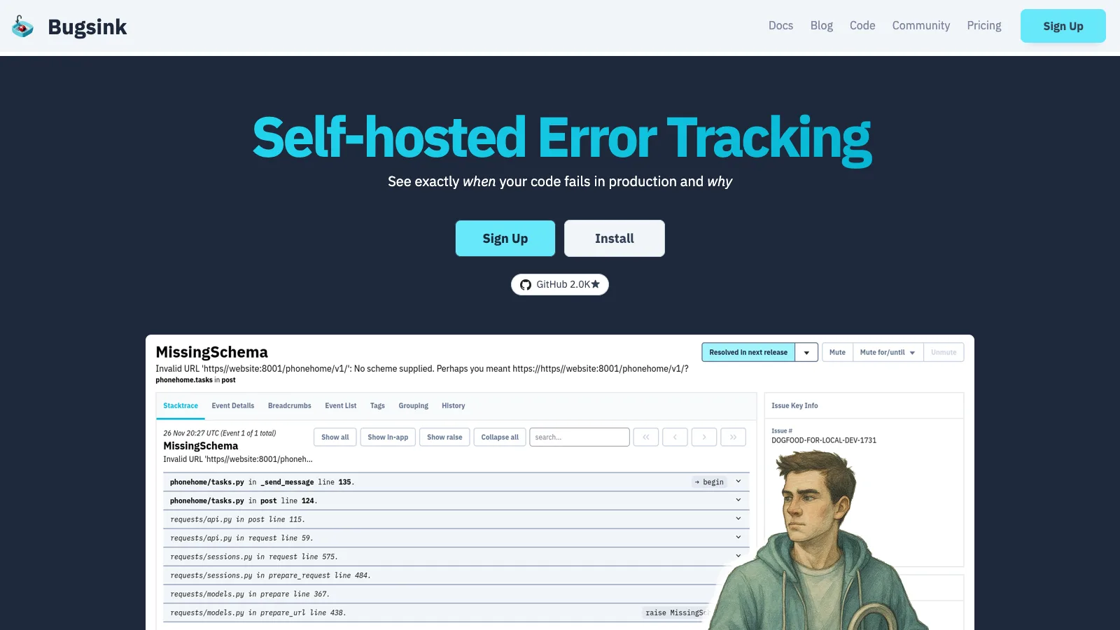 Bugsink homepage with the headline "Self-hosted Error Tracking" and an issue view for a MissingSchema exception showing a Python stack trace with tasks.py and requests library frames