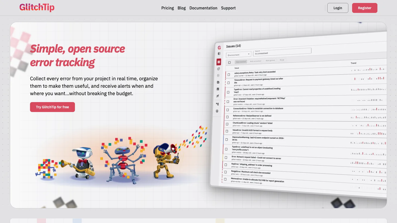 GlitchTip homepage with the headline "Simple, open source error tracking" and an Issues list showing TypeError, ConnectionError, and ChunkLoadError entries with trend sparklines