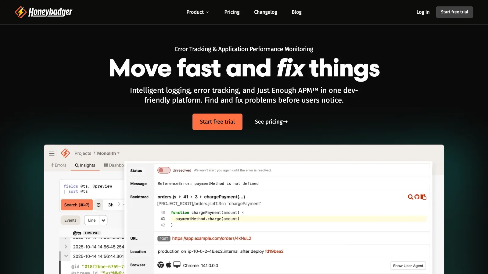 Honeybadger homepage with the headline "Move fast and fix things" and an error detail view showing a ReferenceError for paymentMethod with a backtrace pointing at orders.js line 41