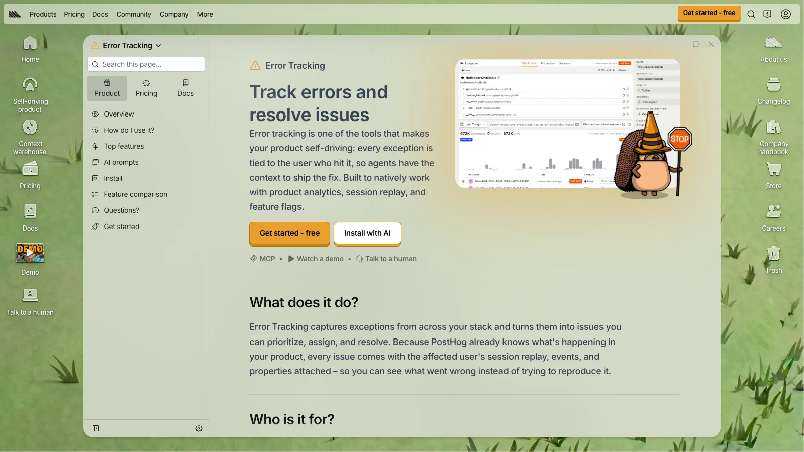 PostHog error tracking product page with the headline "Track errors and resolve issues" showing an exception detail panel for NoBrokersAvailable with occurrence counts