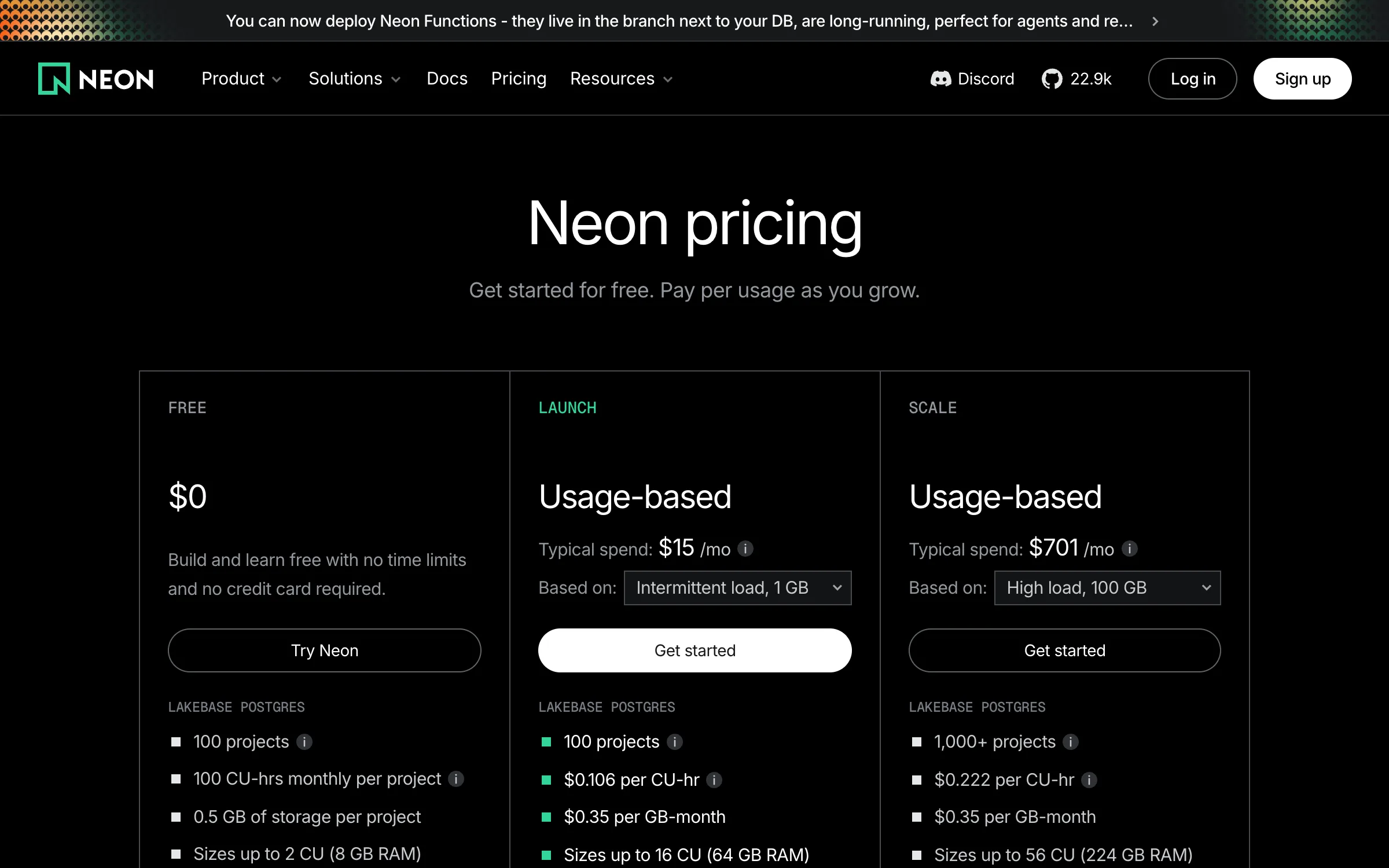 The Neon pricing page showing a free plan with 100 CU-hours and 0.5 GB storage, and usage-based Launch and Scale plans with no monthly minimum