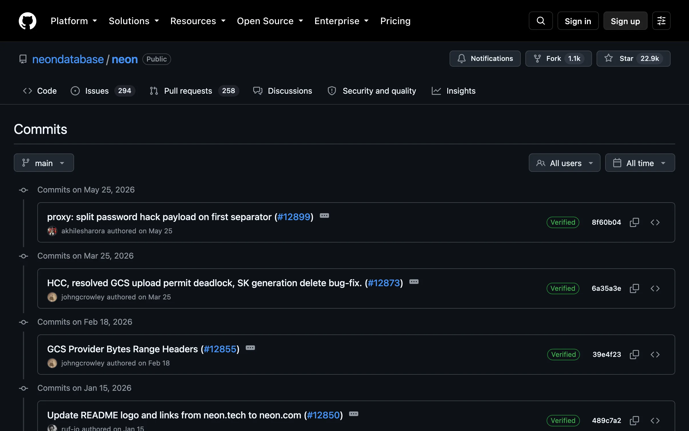 The commit history for neondatabase/neon on GitHub, showing only four commits in 2026 dated May 25, March 25, February 18 and January 15, with 294 open issues and 258 open pull requests