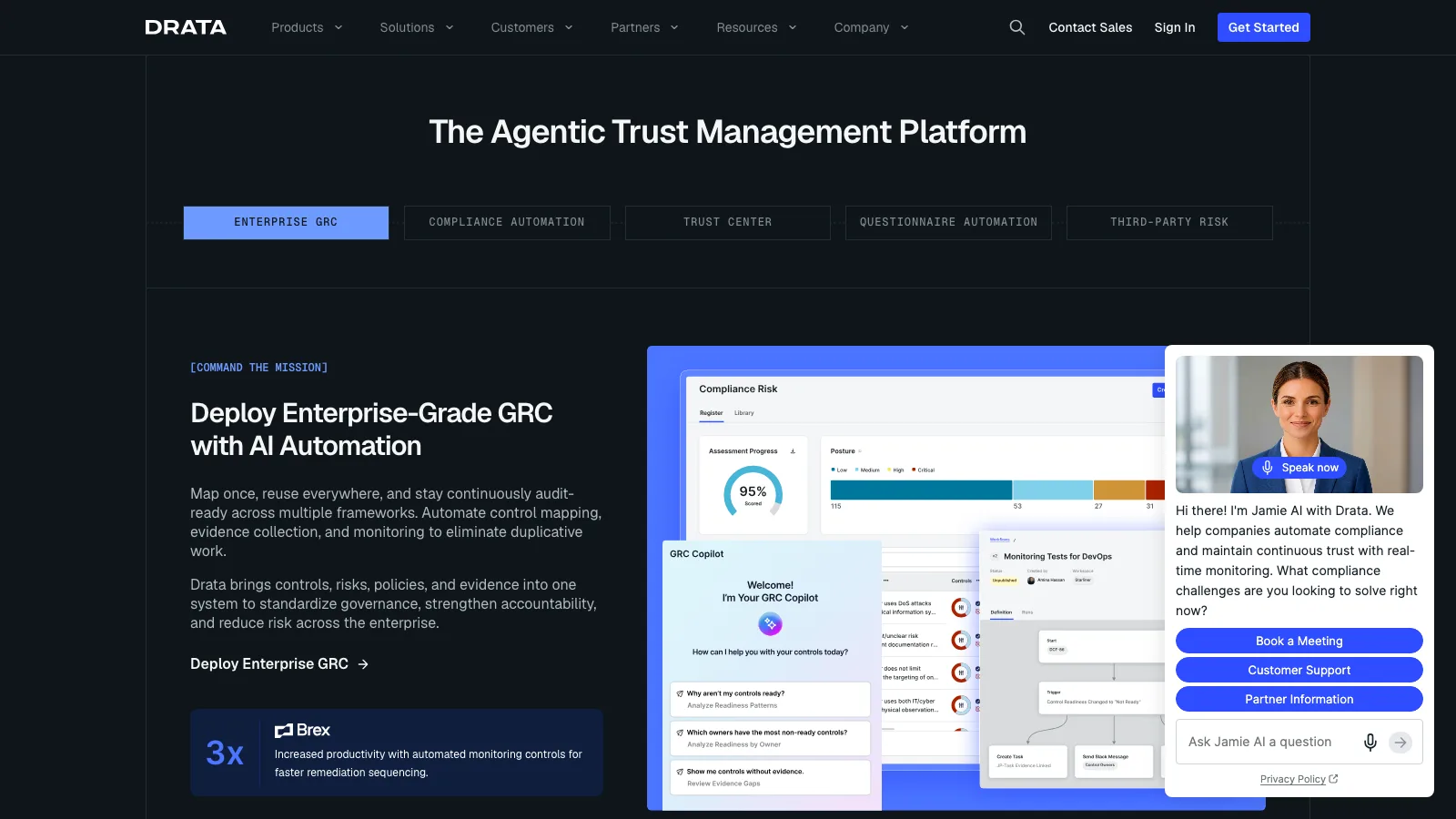 Drata homepage headlined The Agentic Trust Management Platform, with tabs for Enterprise GRC, Compliance Automation, Trust Center, Questionnaire Automation and Third-Party Risk, and a section on deploying enterprise-grade GRC with AI automation