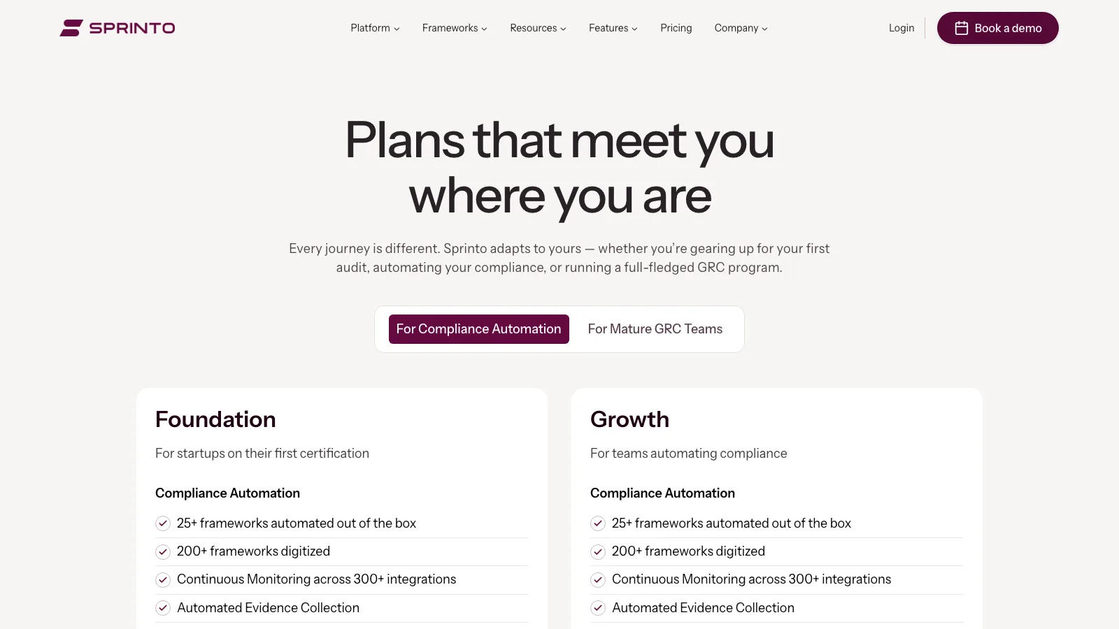 Sprinto pricing page titled Plans that meet you where you are, with a toggle between compliance automation and mature GRC teams, showing Foundation for startups on a first certification and Growth for teams automating compliance, both listing 25 plus frameworks automated out of the box and 200 plus frameworks digitized