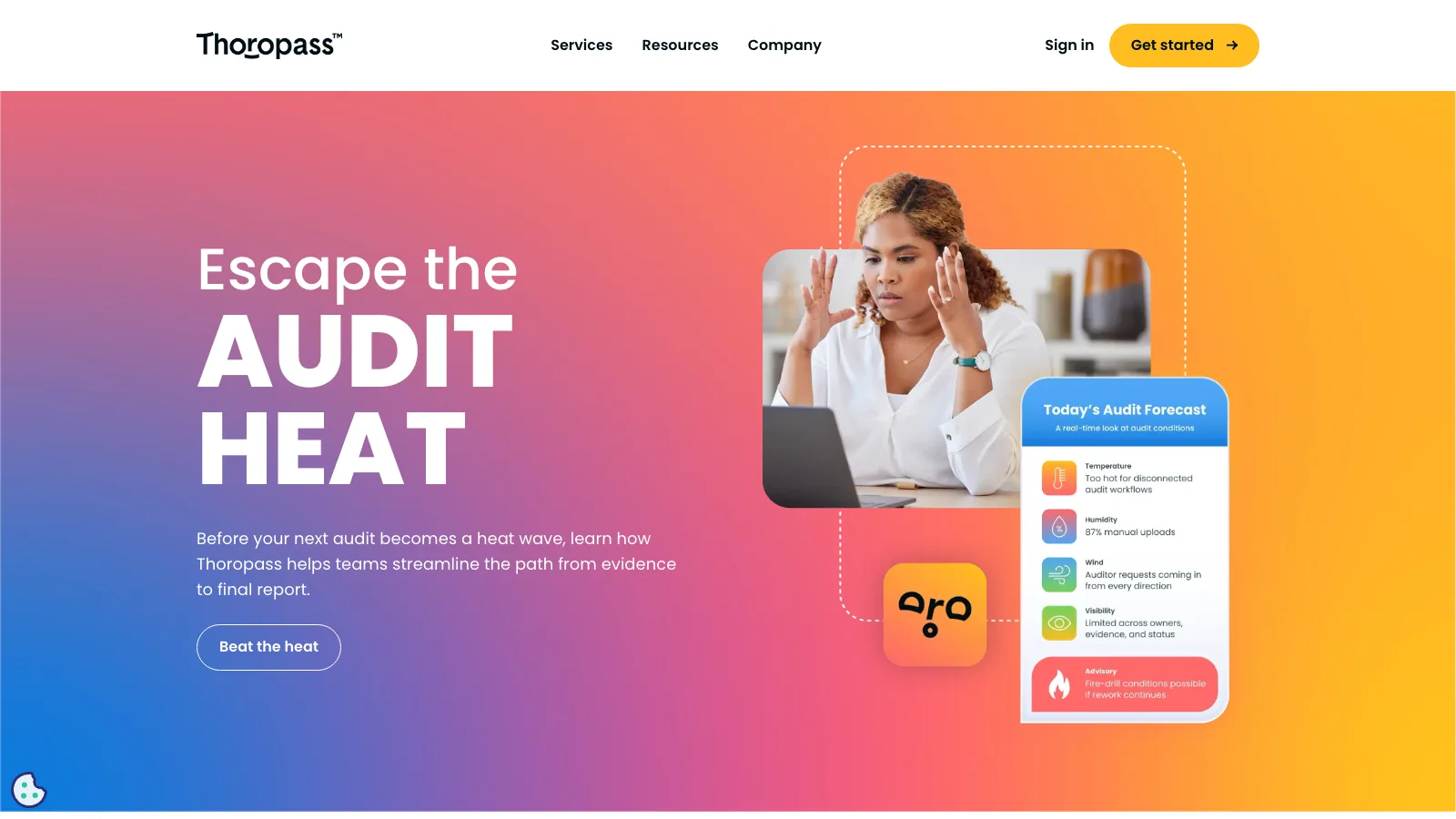Thoropass homepage with the headline Escape the Audit Heat and a mock audit forecast card listing disconnected audit workflows, 87 percent manual uploads and auditor requests coming in from every direction