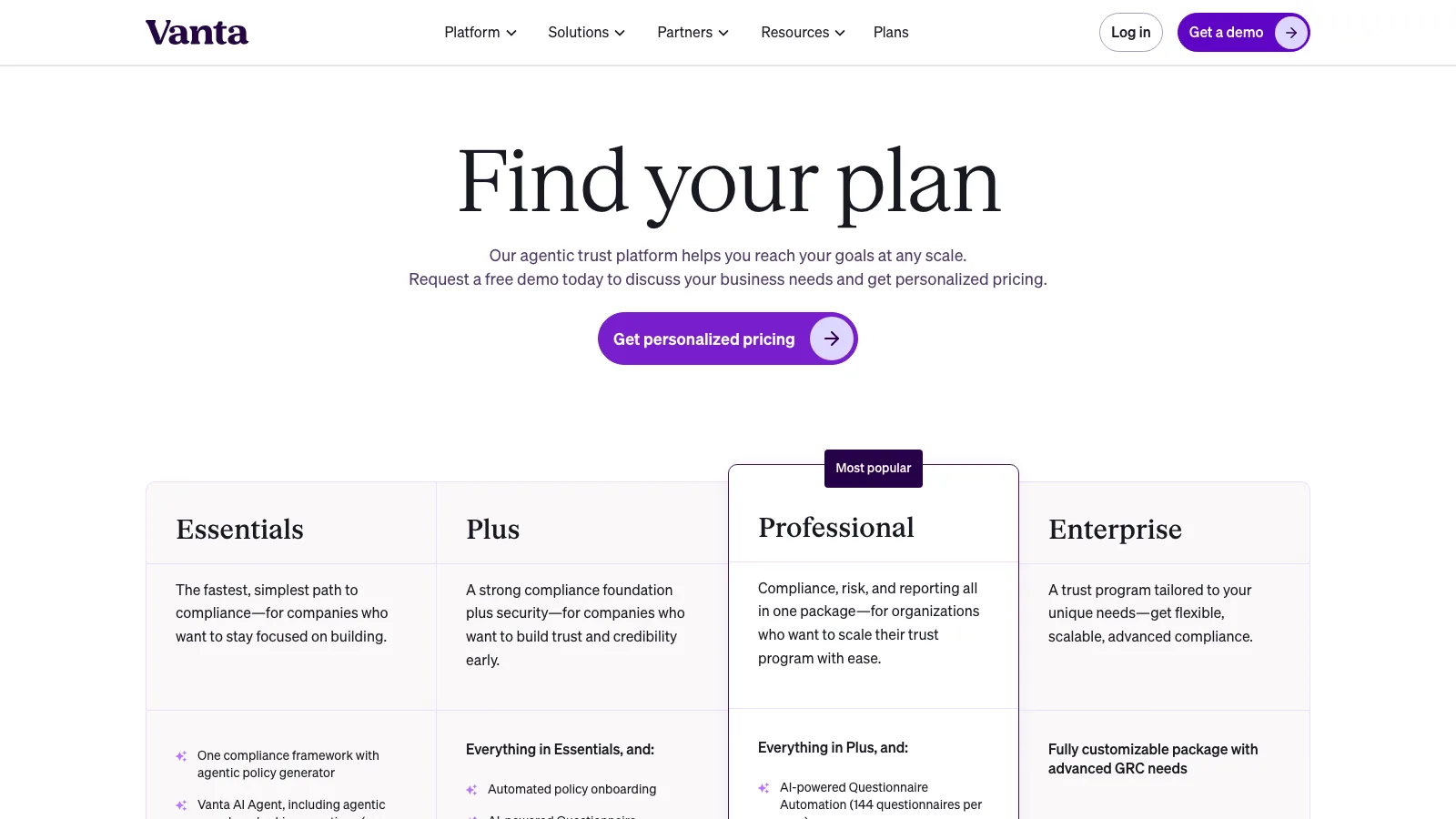 Vanta Find your plan page showing four tiers, Essentials, Plus, Professional marked Most popular, and Enterprise, each with a description and a Get personalized pricing button, with Essentials listing one compliance framework and the Vanta AI Agent