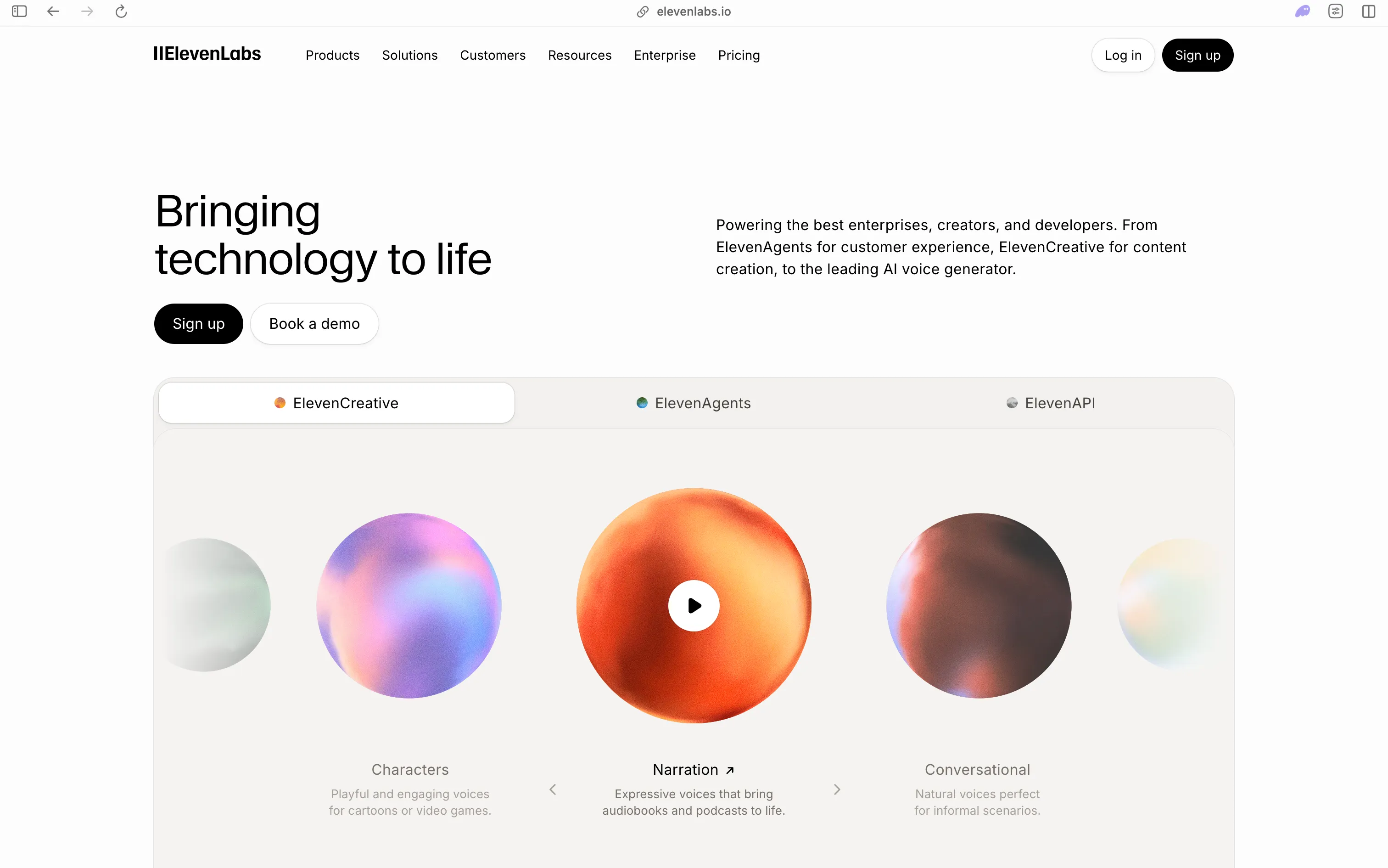 ElevenLabs homepage showing its three product lines, ElevenCreative for content, ElevenAgents for customer experience and ElevenAPI for developers