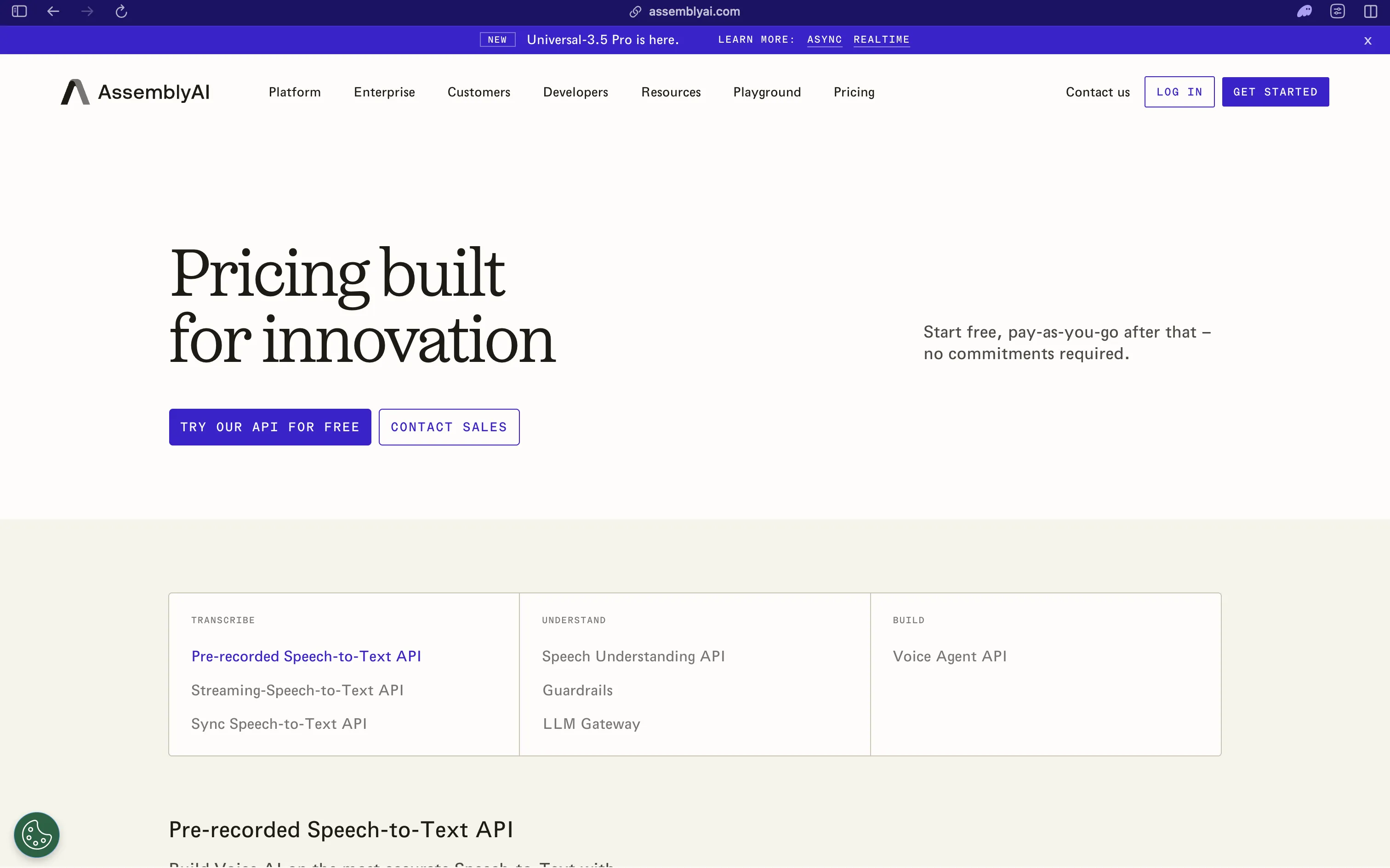 AssemblyAI pricing page, "Pricing built for innovation", start free and pay as you go with no commitments, with a banner announcing Universal-3.5 Pro for async and realtime