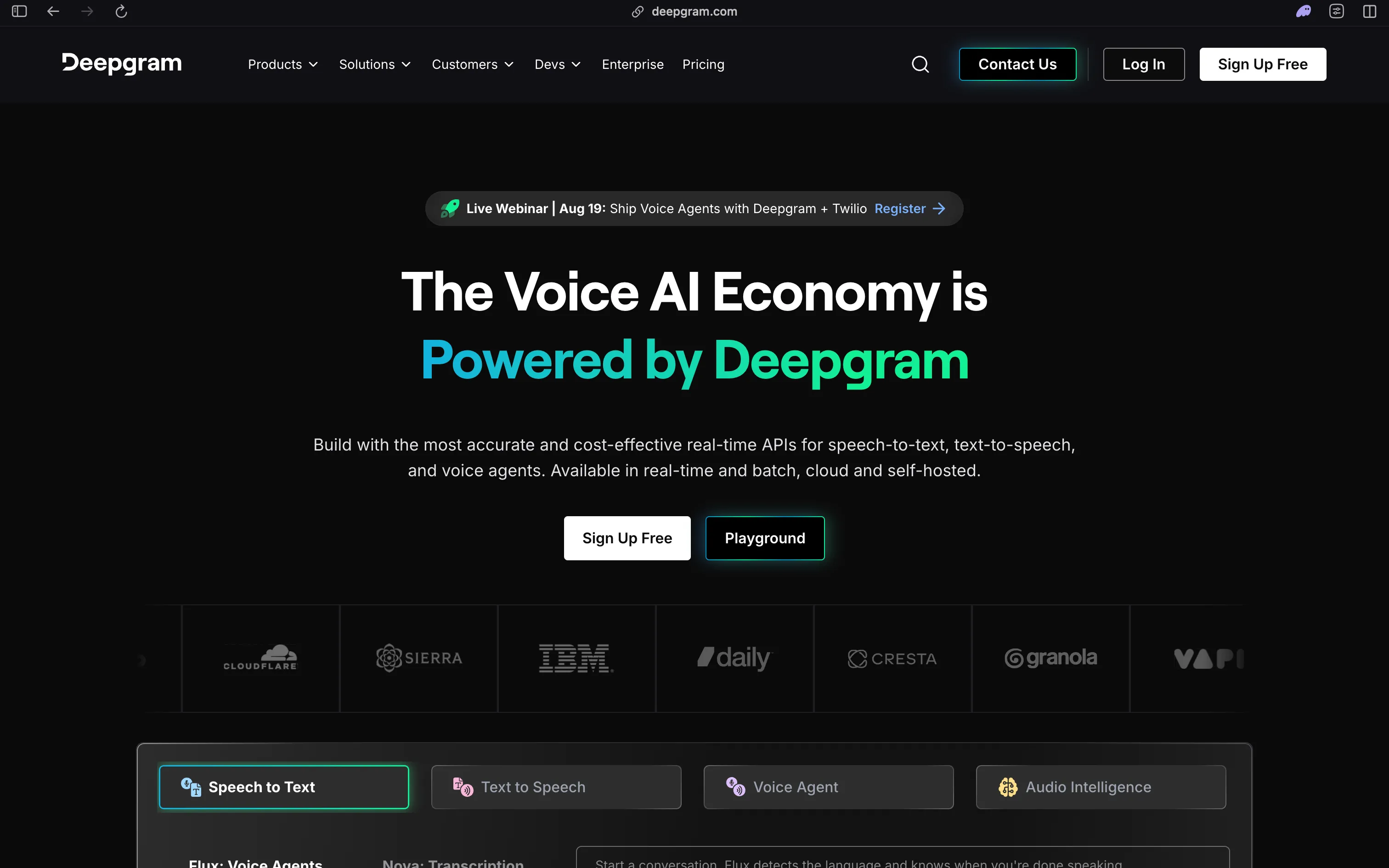 Deepgram homepage, "The Voice AI Economy is Powered by Deepgram", offering real-time APIs for speech-to-text, text-to-speech and voice agents in cloud and self-hosted deployments