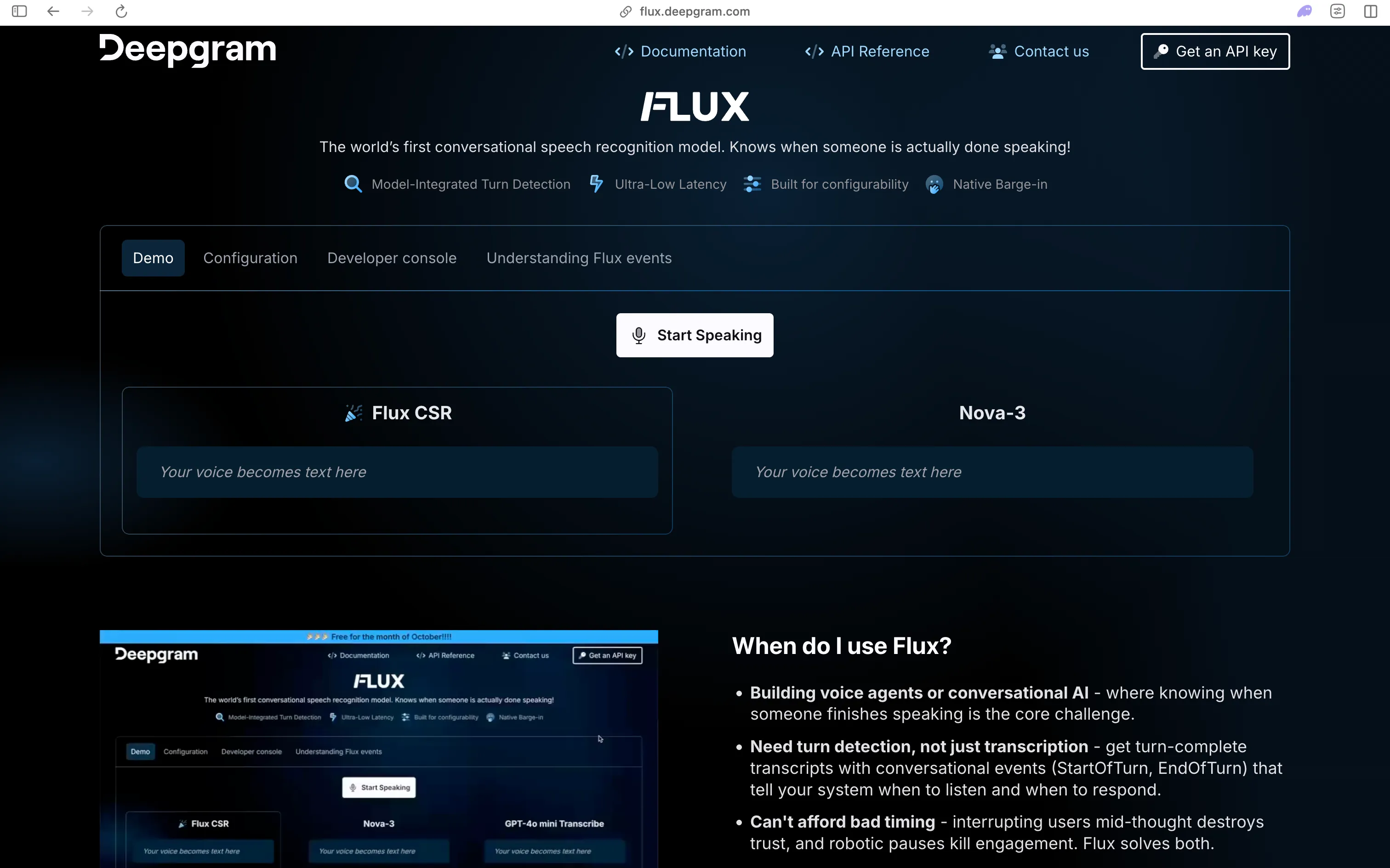 The Deepgram Flux demo at flux.deepgram.com, billed as the world's first conversational speech recognition model that knows when someone is actually done speaking, with model-integrated turn detection and native barge-in