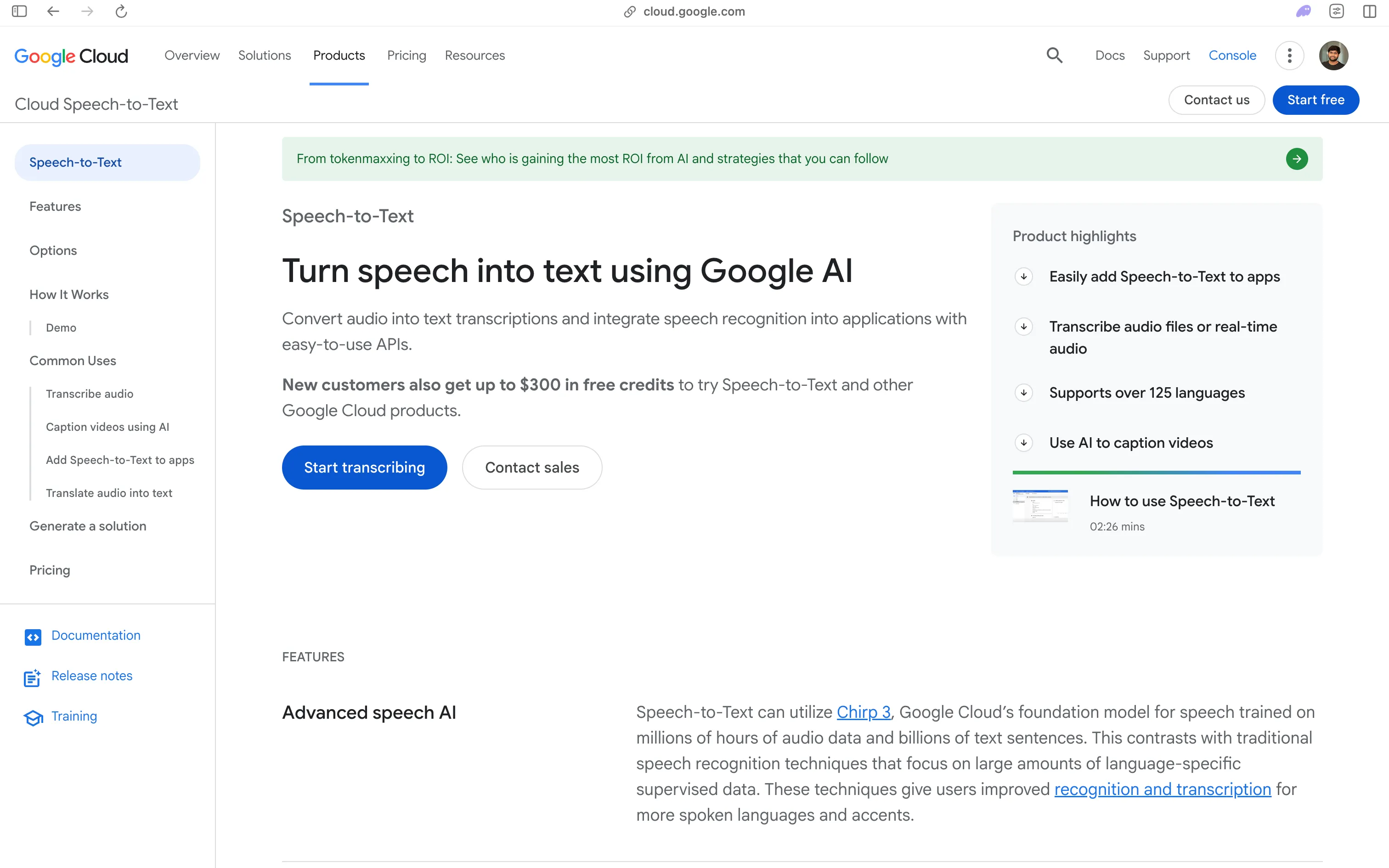 Google Cloud Speech-to-Text product page, "Turn speech into text using Google AI", noting $300 in free credits for new customers and support for over 125 languages via the Chirp 3 foundation model