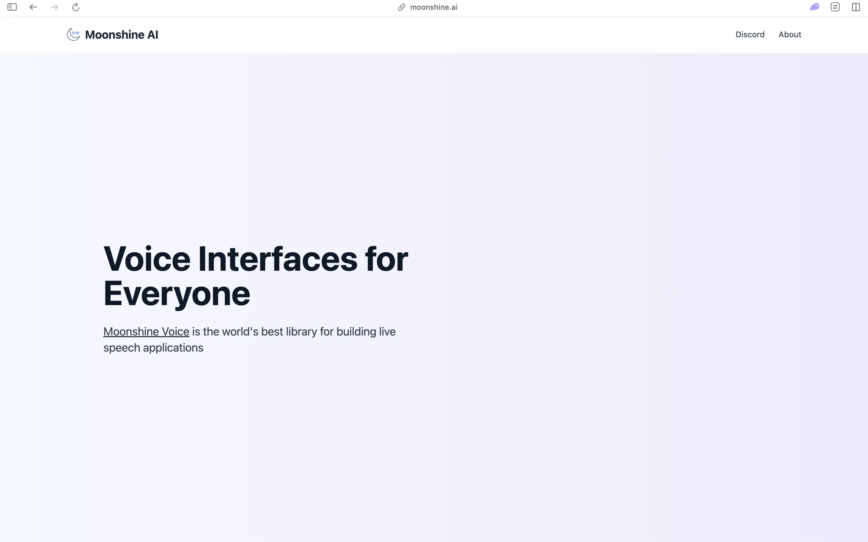 Moonshine AI homepage, "Voice Interfaces for Everyone", presenting Moonshine Voice as a library for building live speech applications