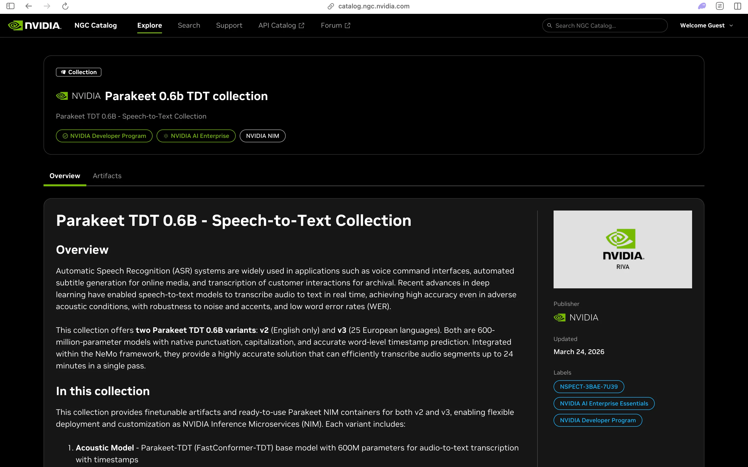 NVIDIA NGC catalog entry for the Parakeet TDT 0.6B collection, offering v2 for English and v3 for 25 European languages, both 600 million parameter models that transcribe up to 24 minutes of audio in a single pass