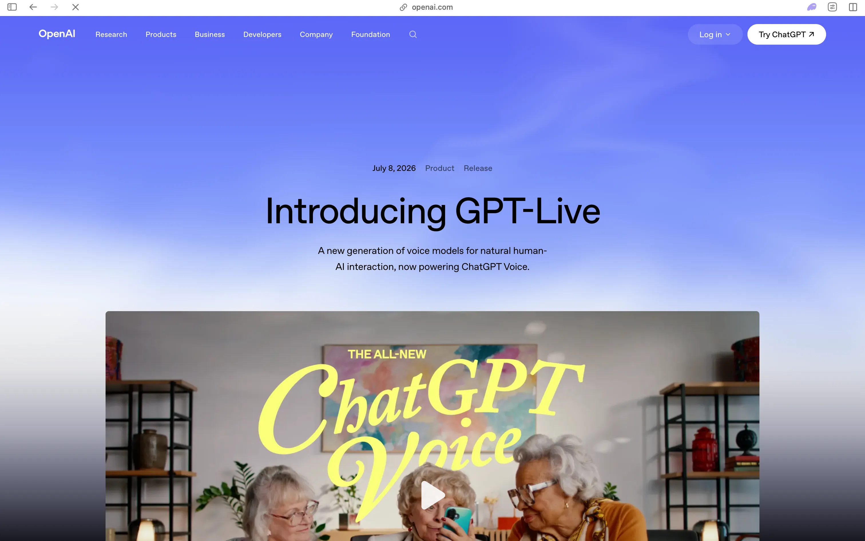 OpenAI announcement page for GPT-Live, dated July 8 2026, a new generation of voice models for natural human-AI interaction now powering ChatGPT Voice
