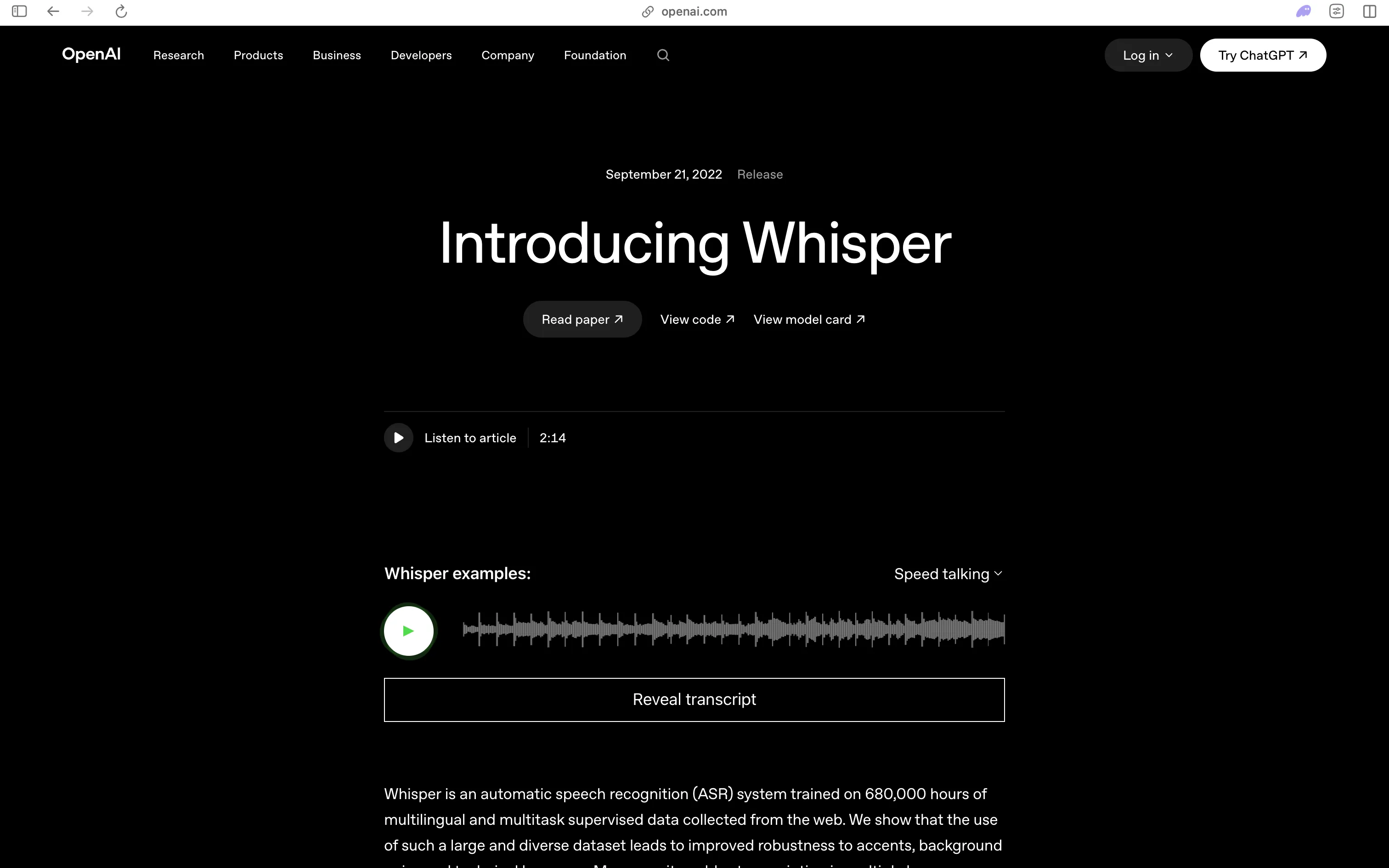 OpenAI's original Whisper release page from September 2022, describing an ASR system trained on 680,000 hours of multilingual supervised data, with links to the paper, code and model card