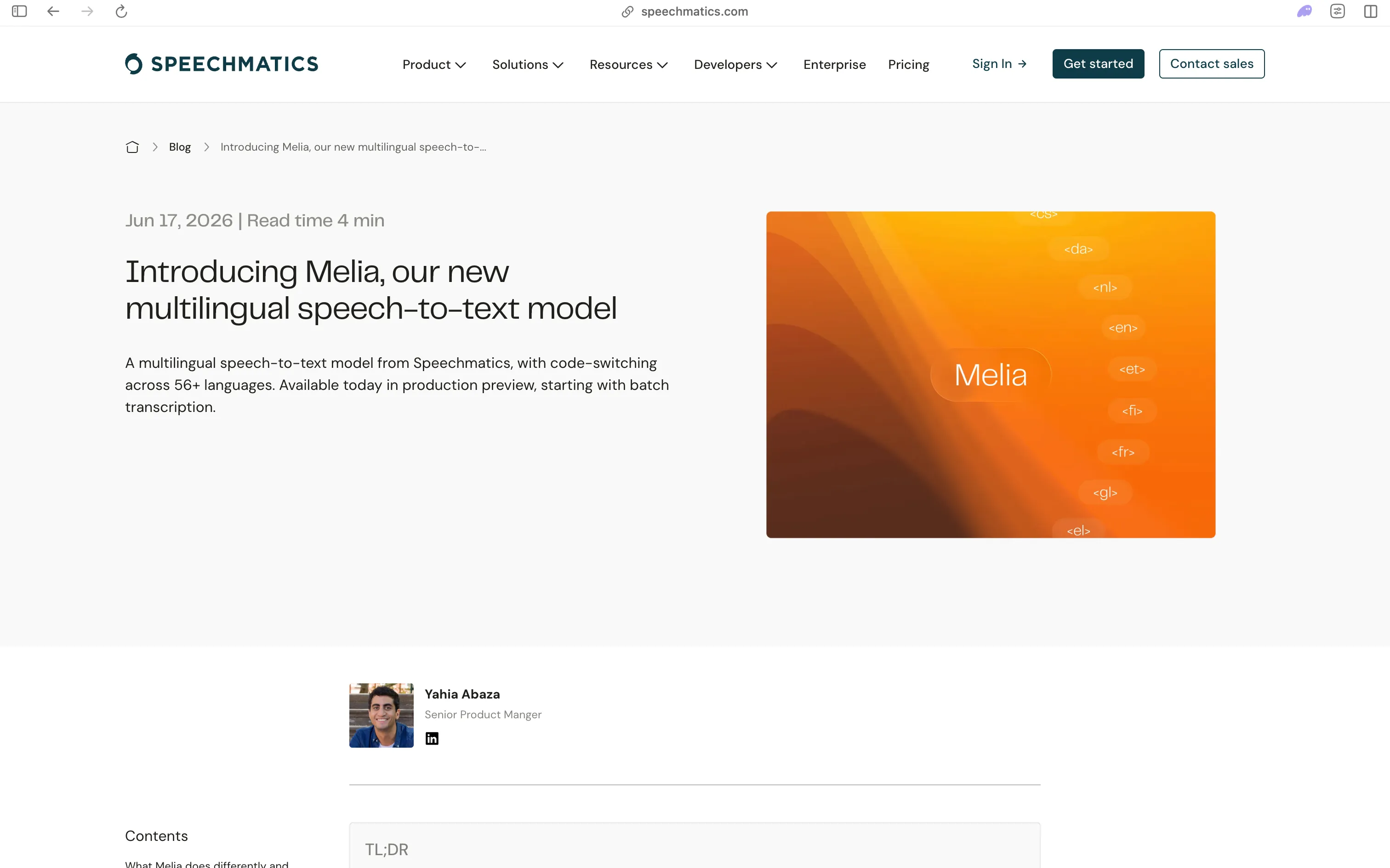 Speechmatics blog post introducing Melia, a multilingual speech-to-text model with code-switching across 56+ languages, available in production preview starting with batch transcription