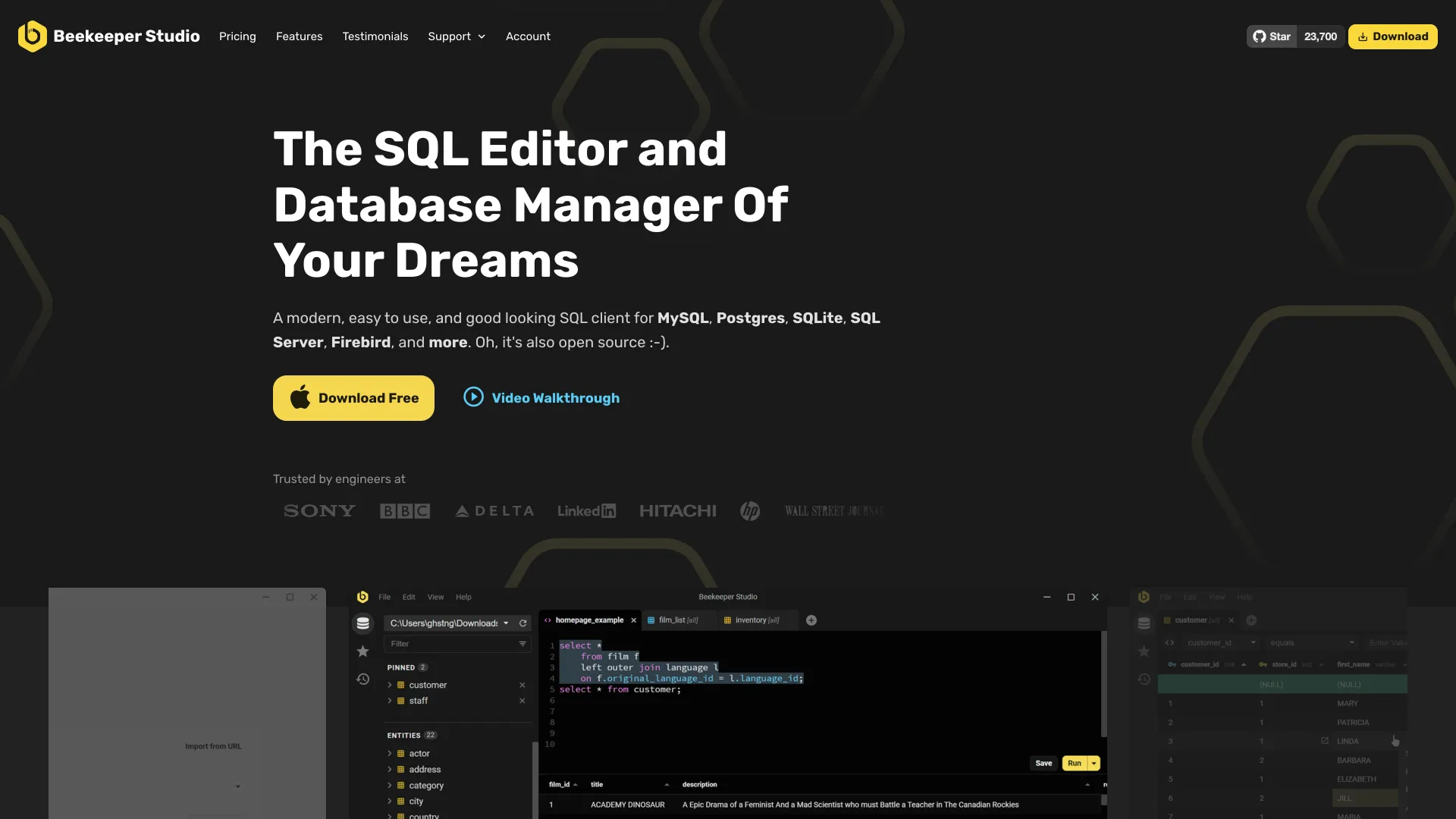 Beekeeper Studio homepage headline "The SQL Editor and Database Manager Of Your Dreams"