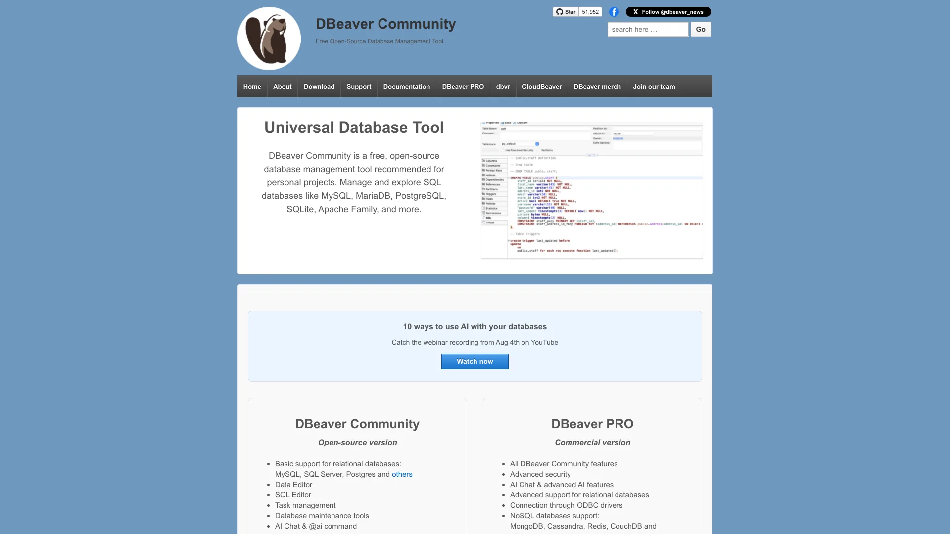 DBeaver Community homepage comparing Community and PRO features
