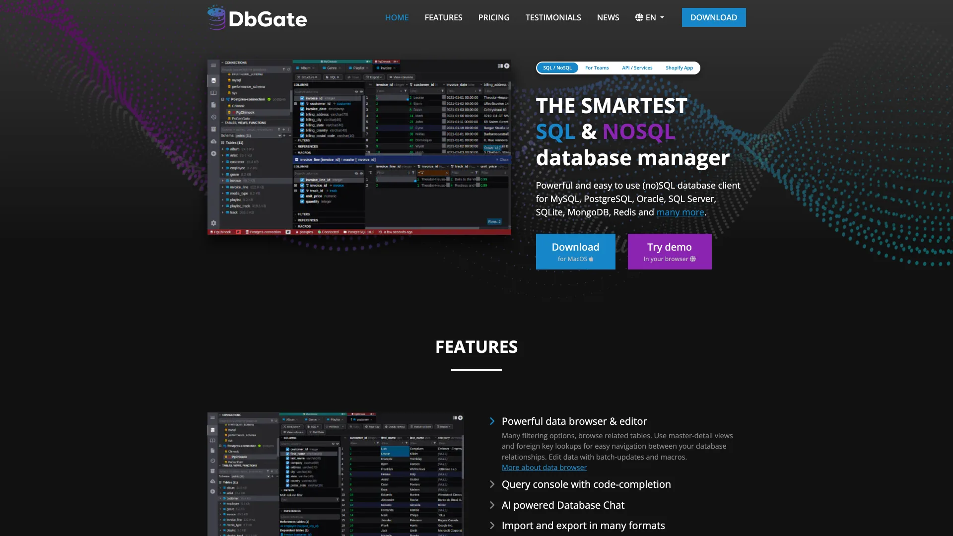 DbGate homepage describing "The smartest SQL and NoSQL database manager"