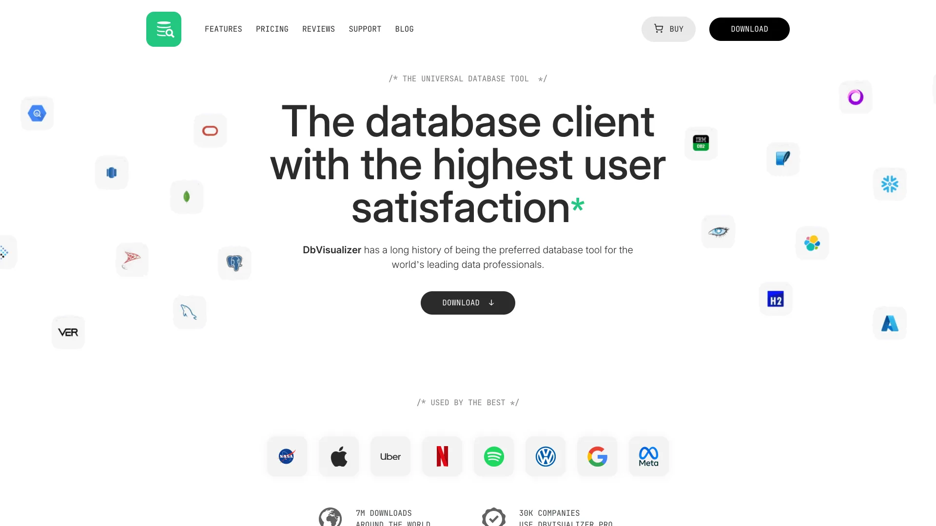 DbVisualizer homepage headline "The database client with the highest user satisfaction"