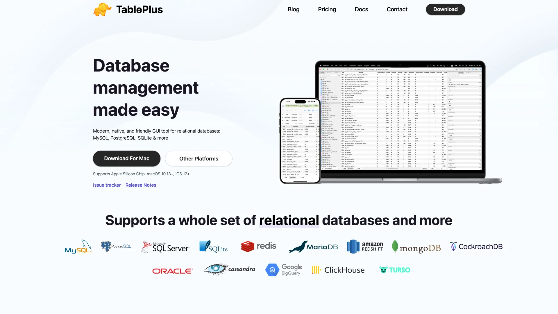 TablePlus homepage headline "Database management made easy" above logos of supported databases