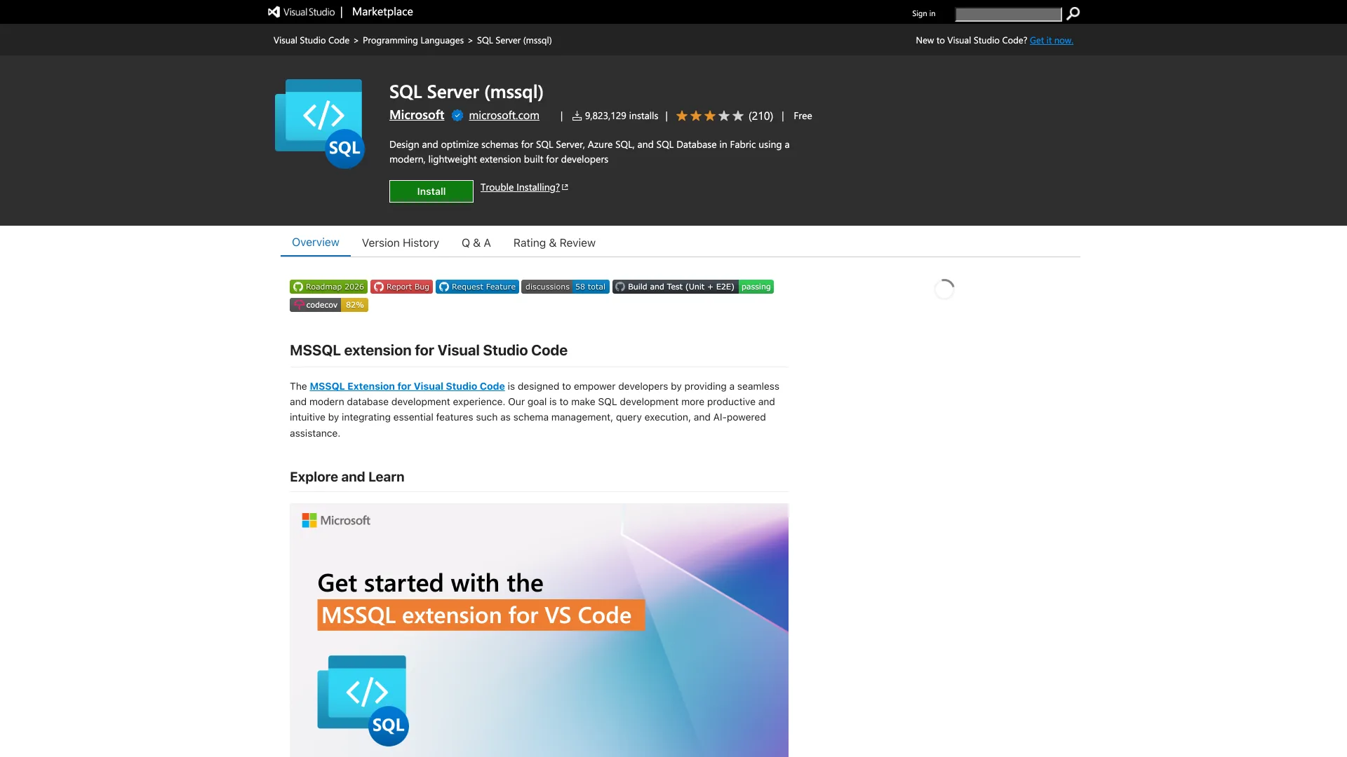 Visual Studio Marketplace page for Microsoft's SQL Server (mssql) extension with its install count