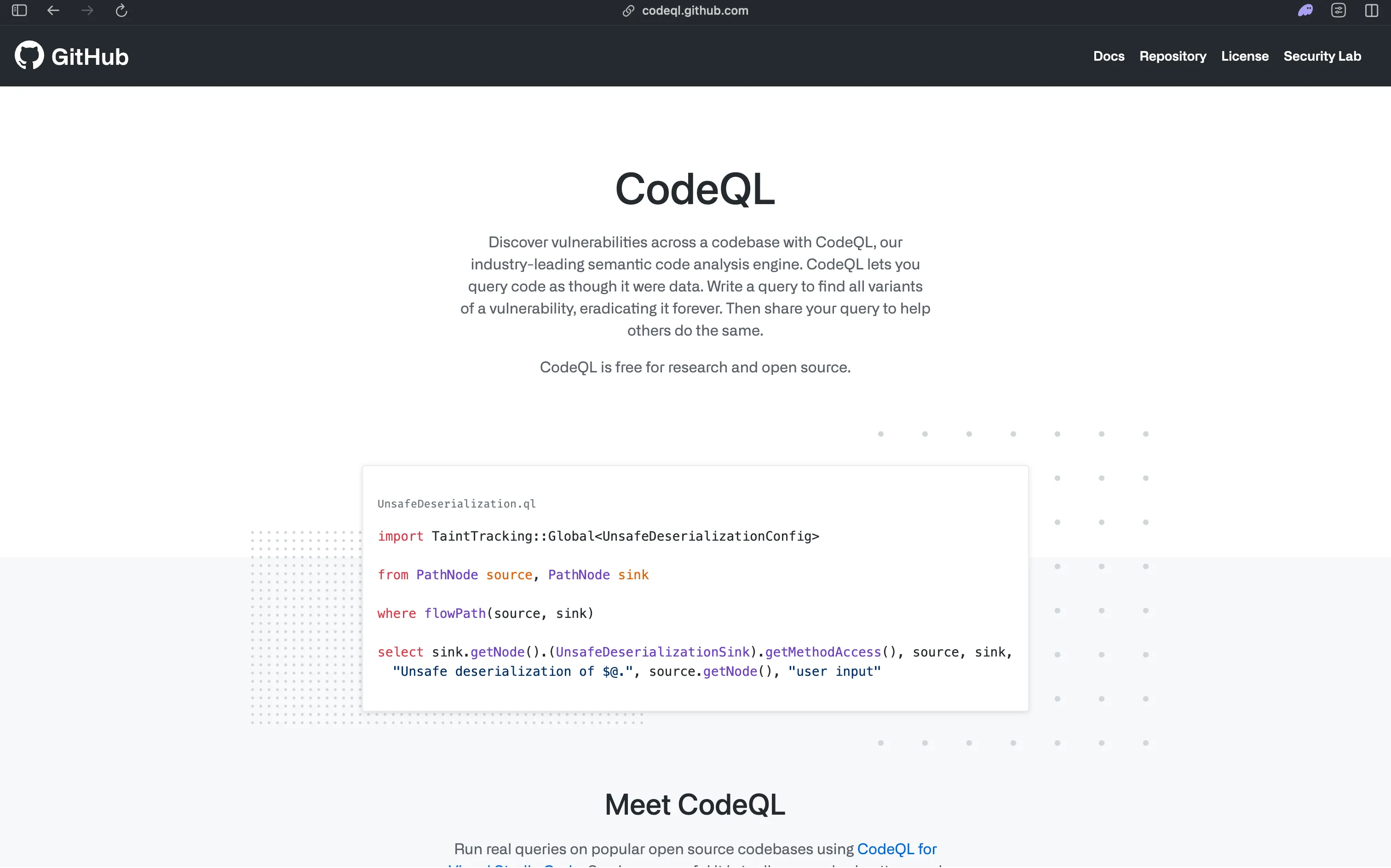 The CodeQL site, GitHub's semantic code analysis engine, showing an UnsafeDeserialization.ql query that imports TaintTracking and selects a flow path from source to sink, with the note that CodeQL is free for research and open source