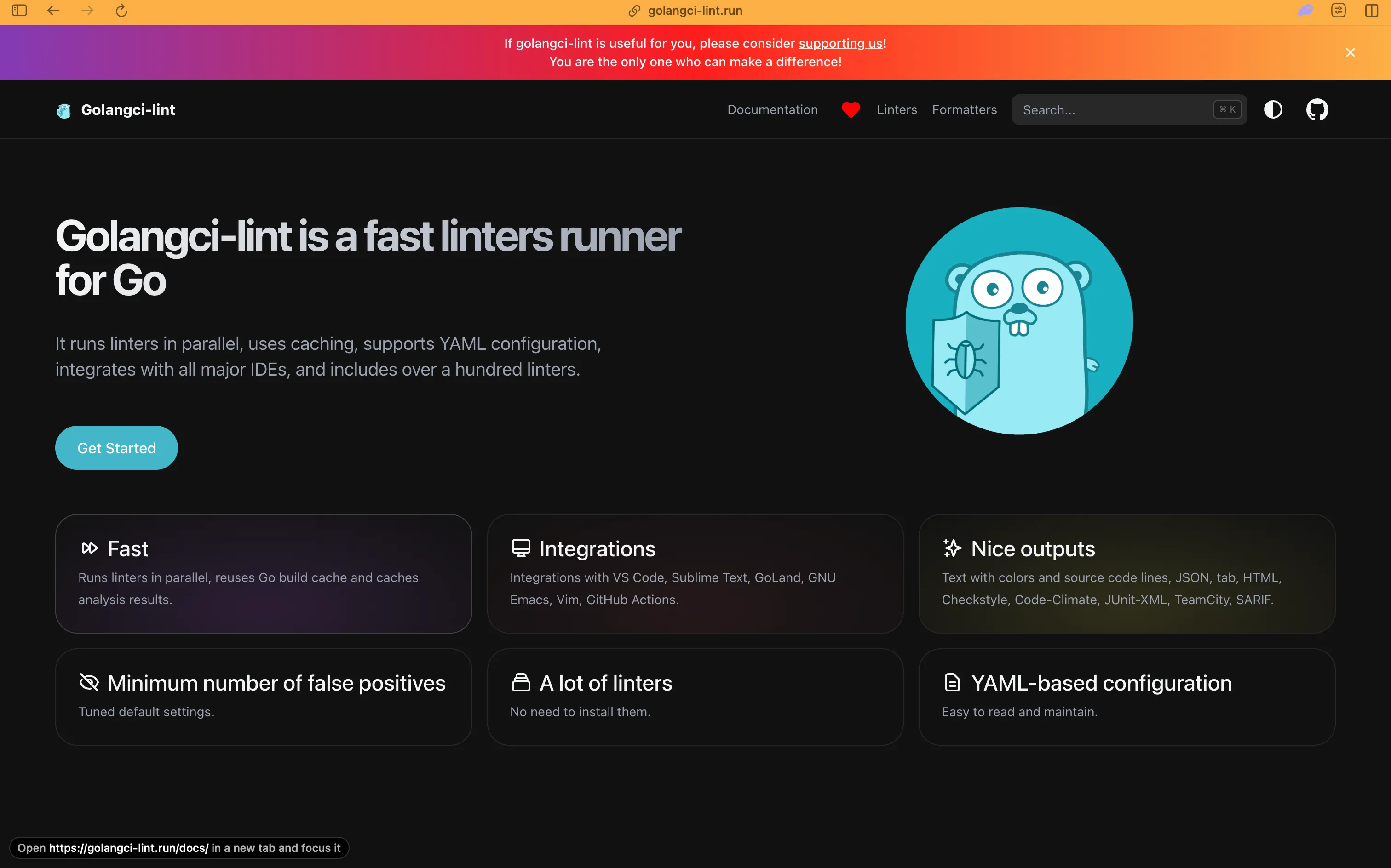 The golangci-lint homepage, "a fast linters runner for Go", listing parallel execution, build-cache reuse, YAML configuration, over a hundred bundled linters, and output formats including SARIF and Checkstyle