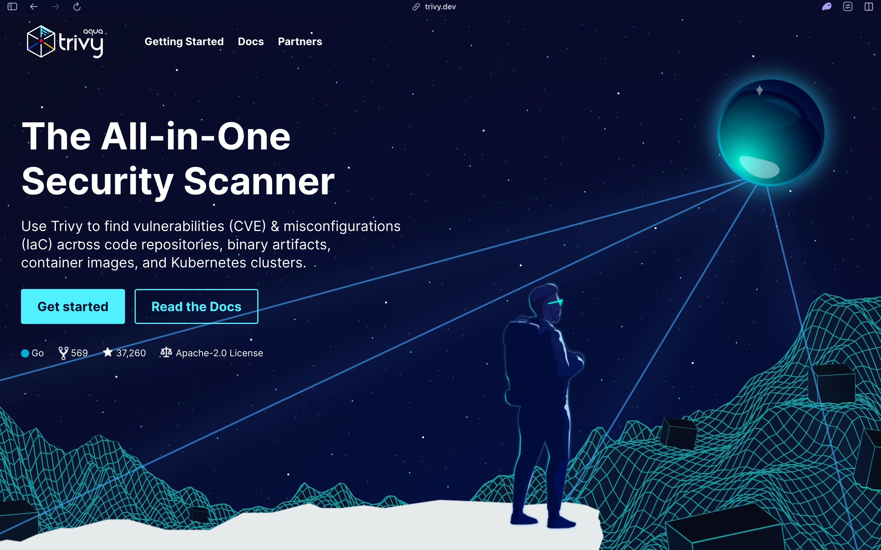 The Trivy homepage, "The All-in-One Security Scanner", finding CVEs and IaC misconfigurations across code repositories, binary artifacts, container images and Kubernetes clusters, Apache-2.0 licensed
