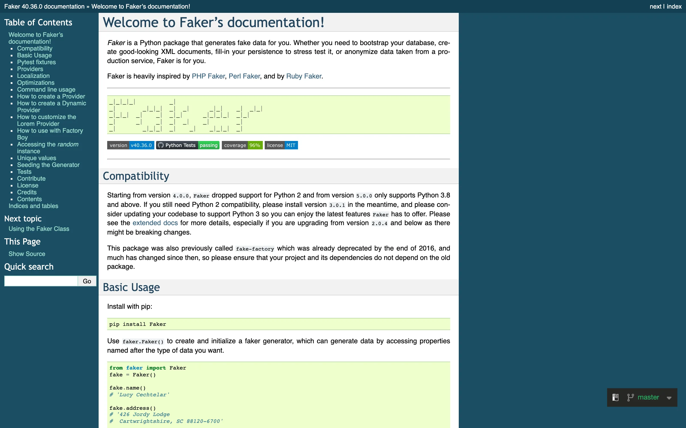 The Faker documentation site, the MIT-licensed Python library for generating fake names, addresses and other placeholder data