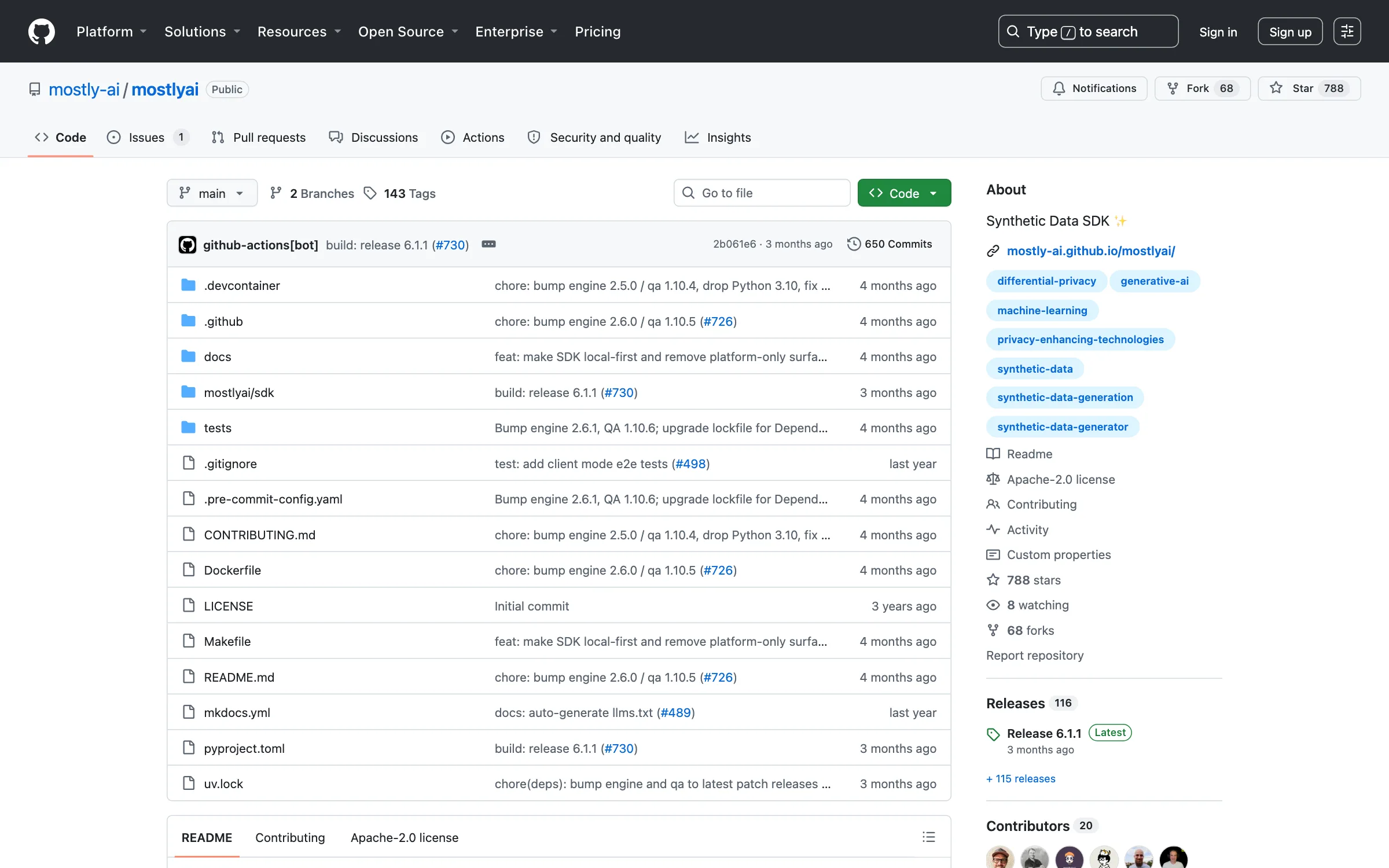The mostly-ai/mostlyai repository on GitHub, an Apache 2.0 licensed Synthetic Data SDK that trains and generates locally
