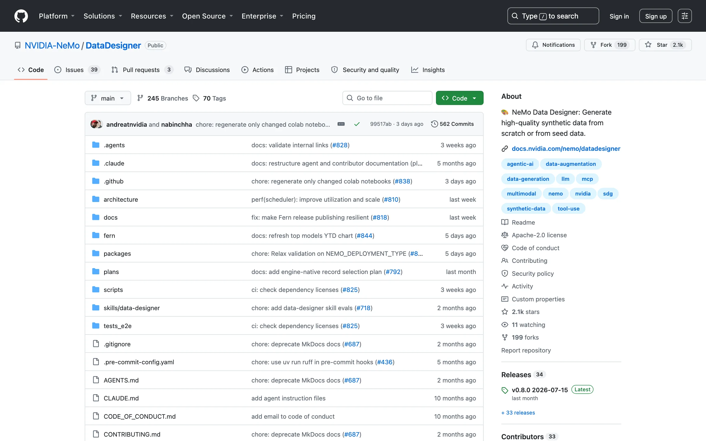 The NVIDIA-NeMo/Data-Designer repository on GitHub, the Apache 2.0 framework for generating synthetic datasets from scratch or seed data