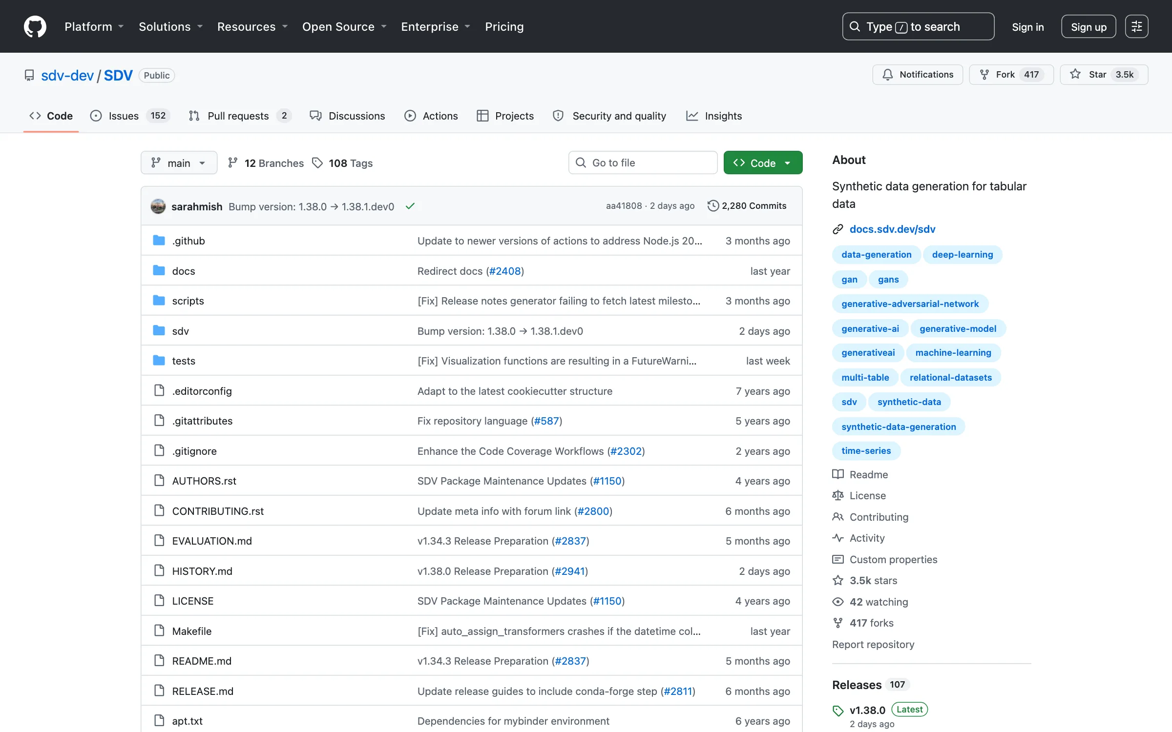 The sdv-dev/SDV repository on GitHub showing version 1.38.0, 3.5k stars, and a description of synthetic data generation for tabular data