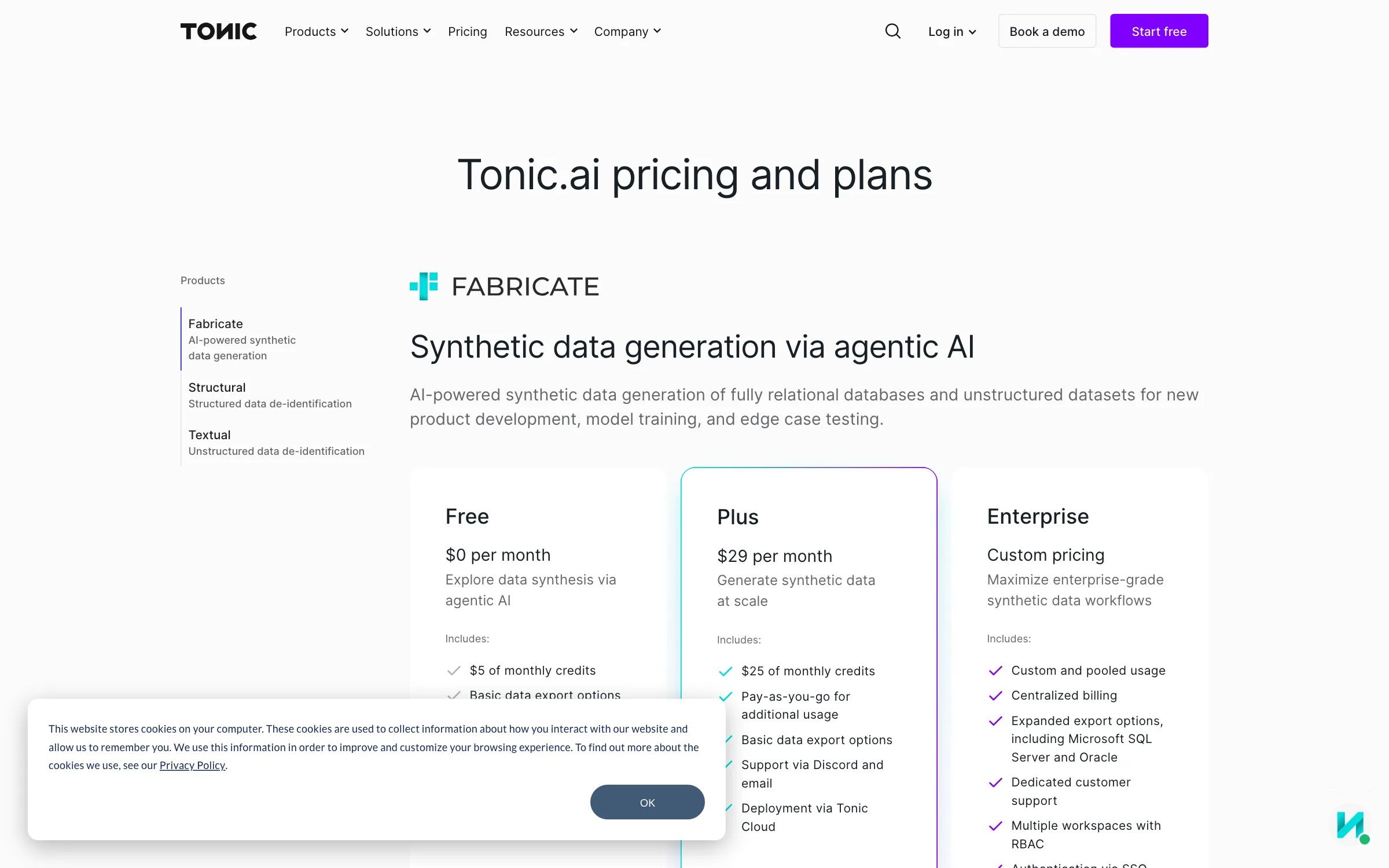 The Tonic.ai pricing page showing Fabricate free and Plus at $29 per month, with Structural and Textual priced by quote