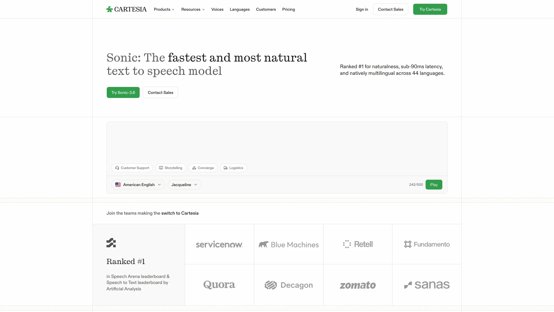 Cartesia Sonic product page with a voice demo