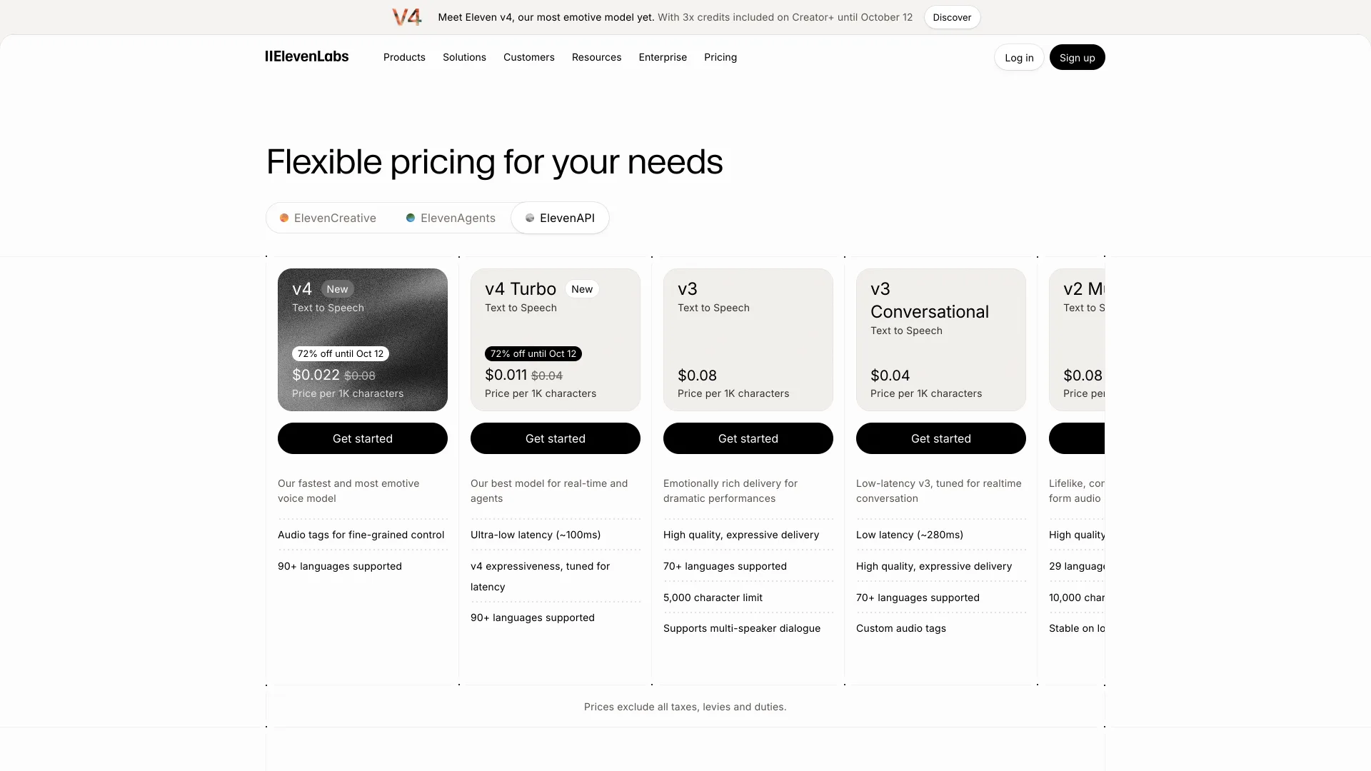 ElevenLabs API pricing page listing Eleven v4 prices