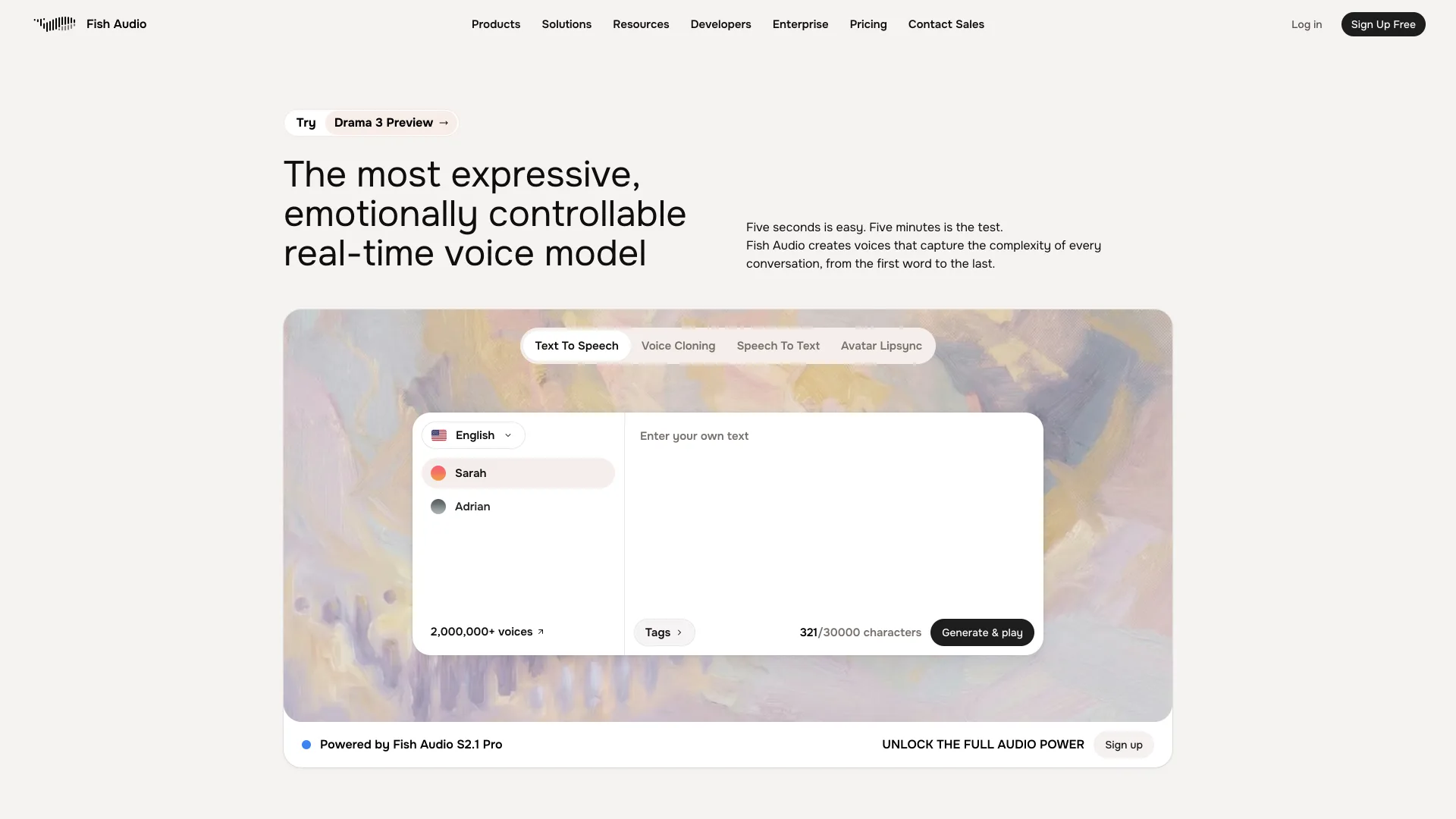Fish Audio homepage with a text-to-speech demo powered by S2.1 Pro