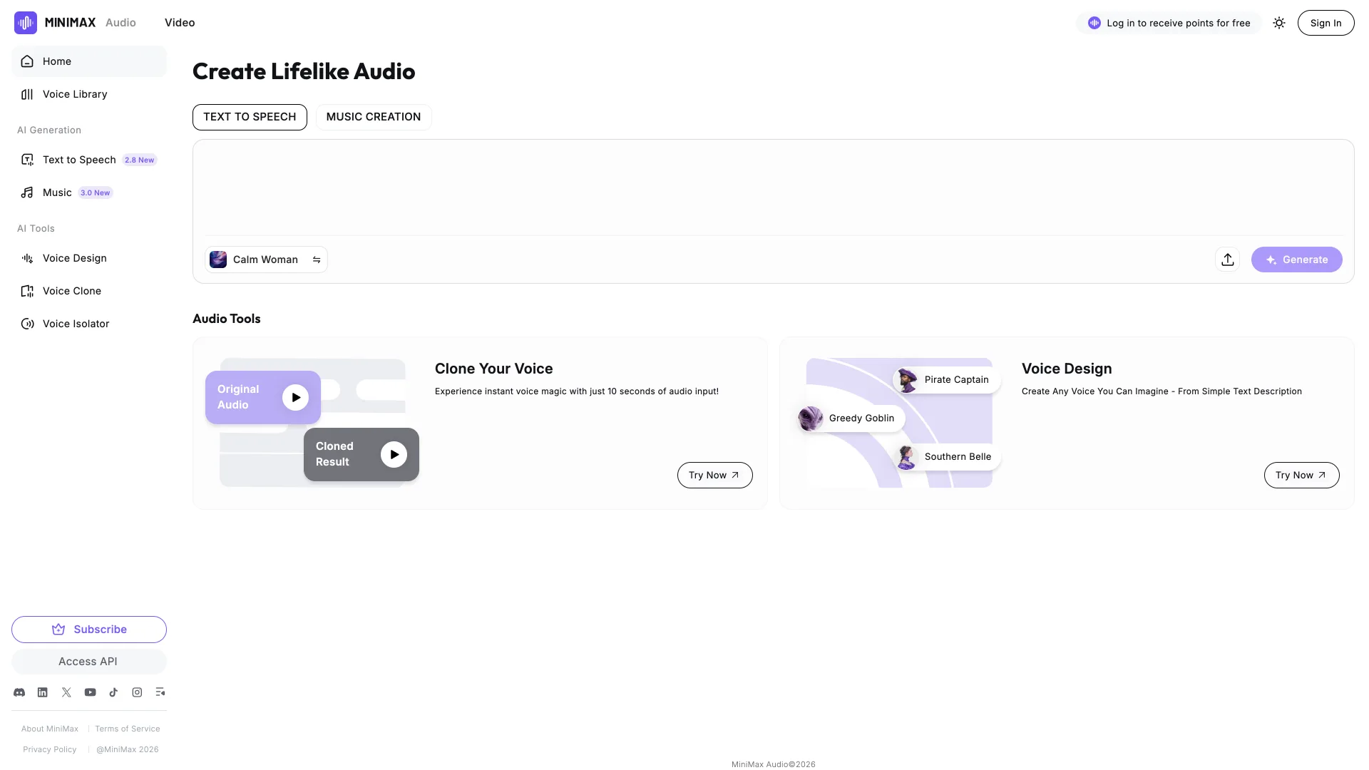 MiniMax Audio text-to-speech studio with voice cloning and voice design tools