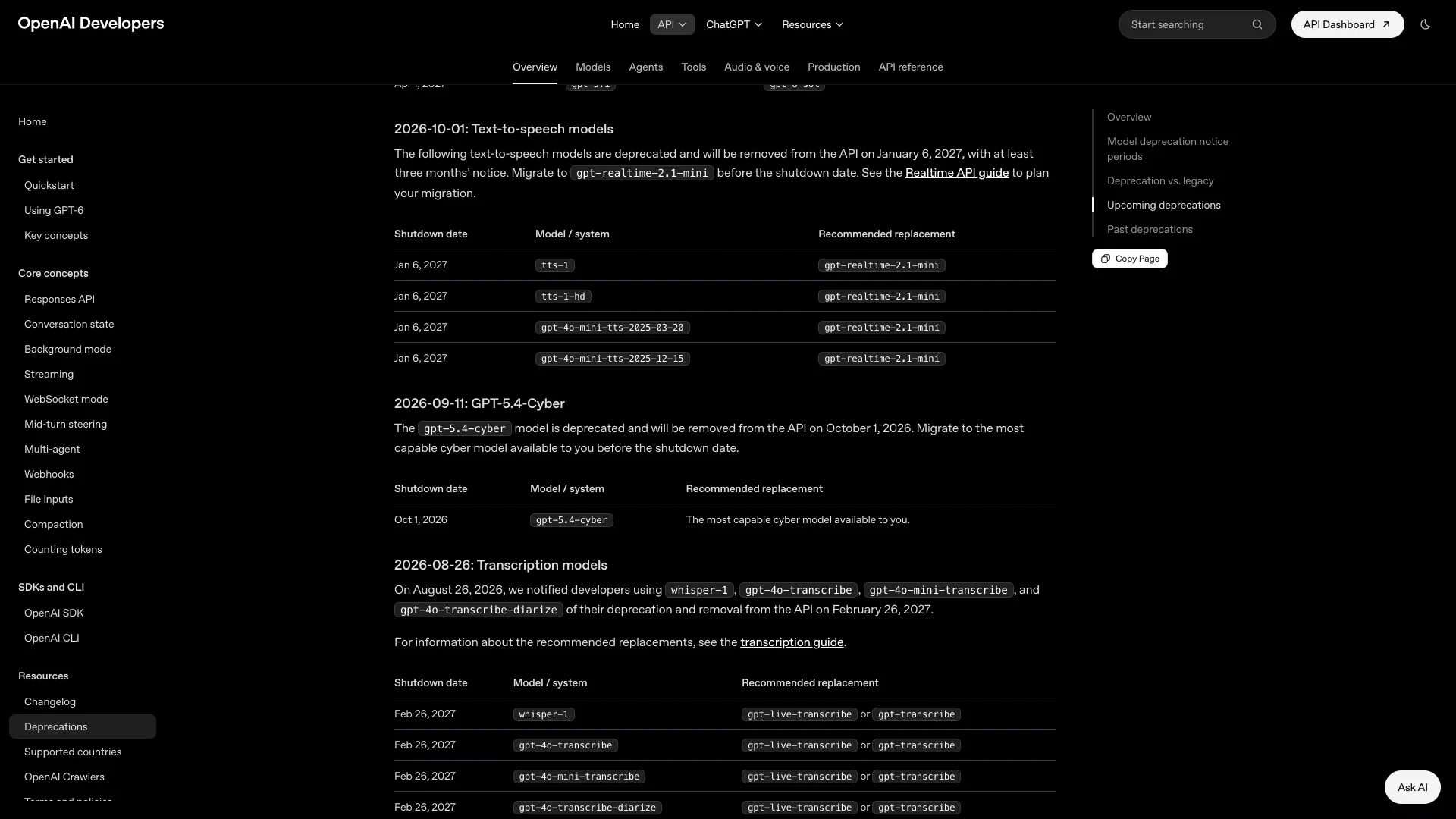 OpenAI deprecations table for the January 6, 2027 TTS shutdown