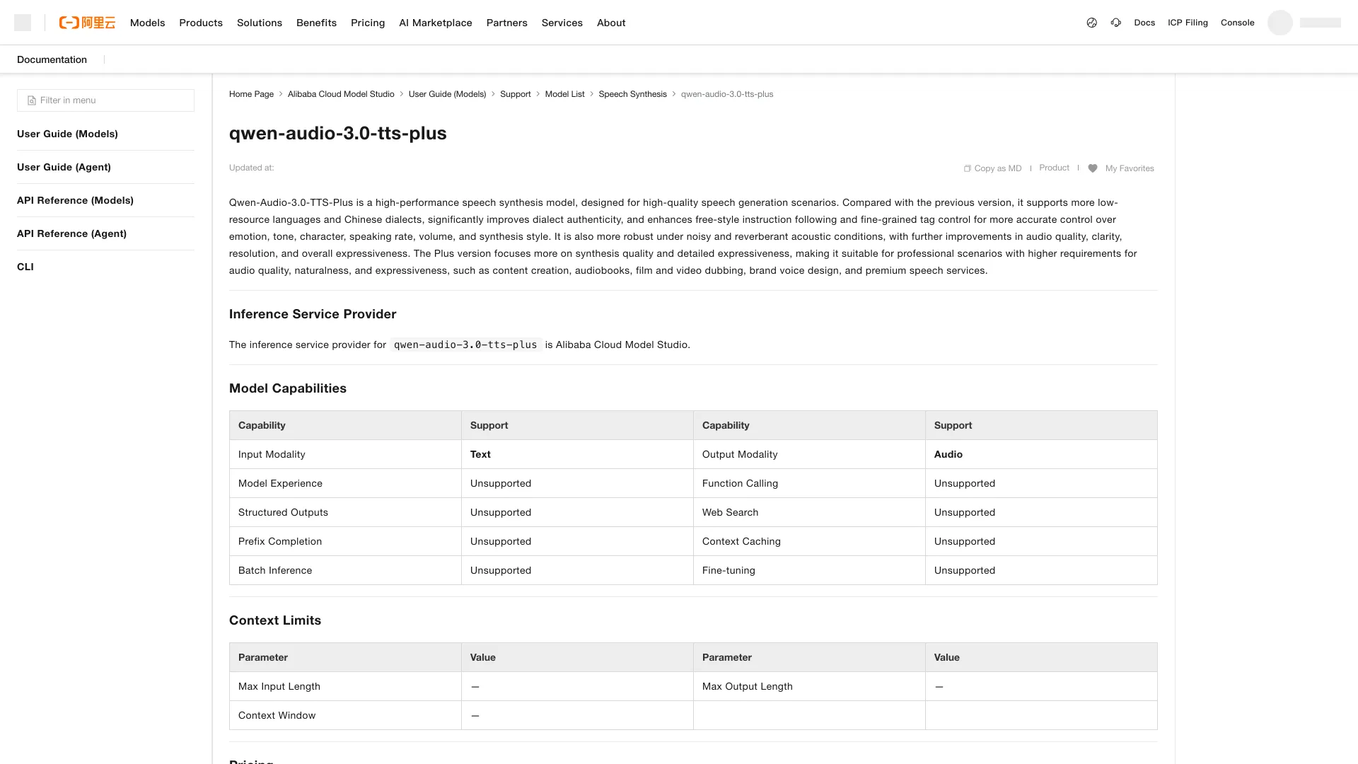 Alibaba Cloud Model Studio documentation page for qwen-audio-3.0-tts-plus