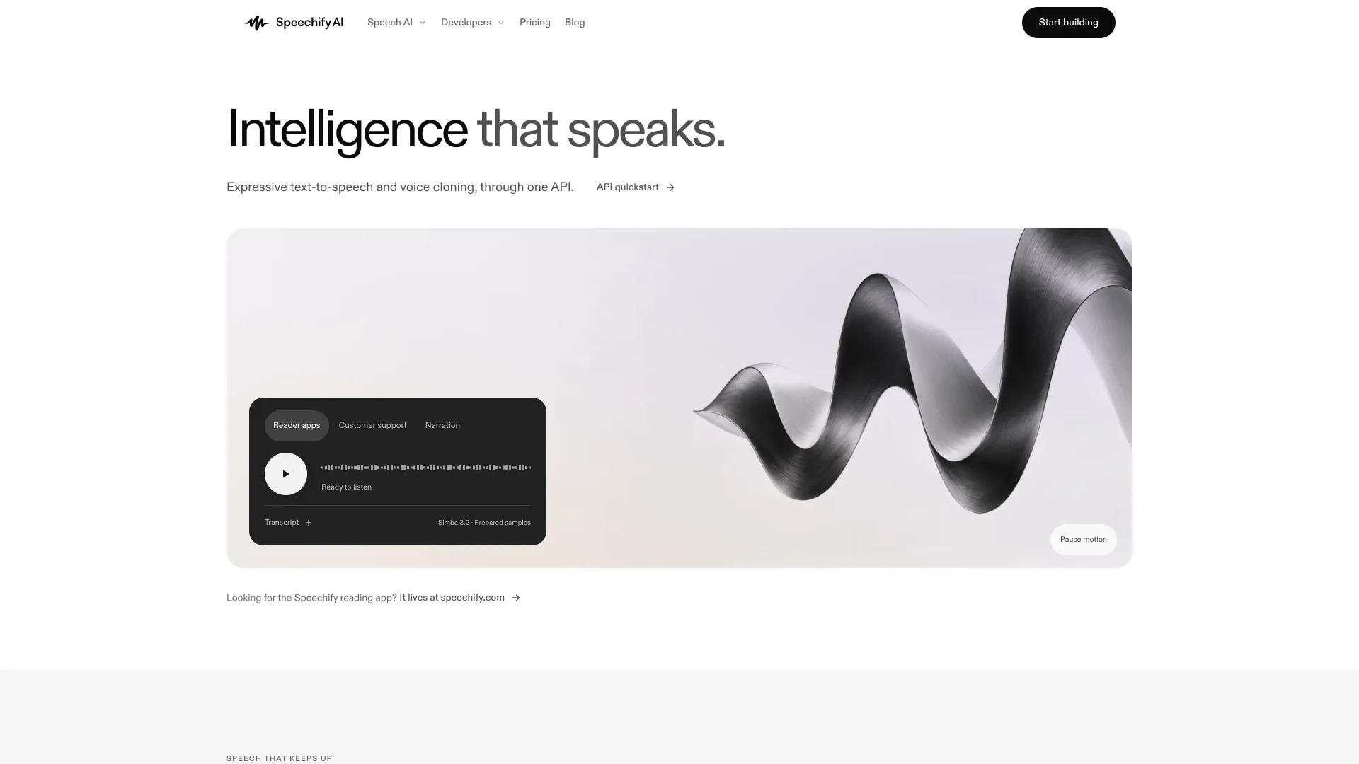 Speechify AI homepage for its text-to-speech and voice cloning API