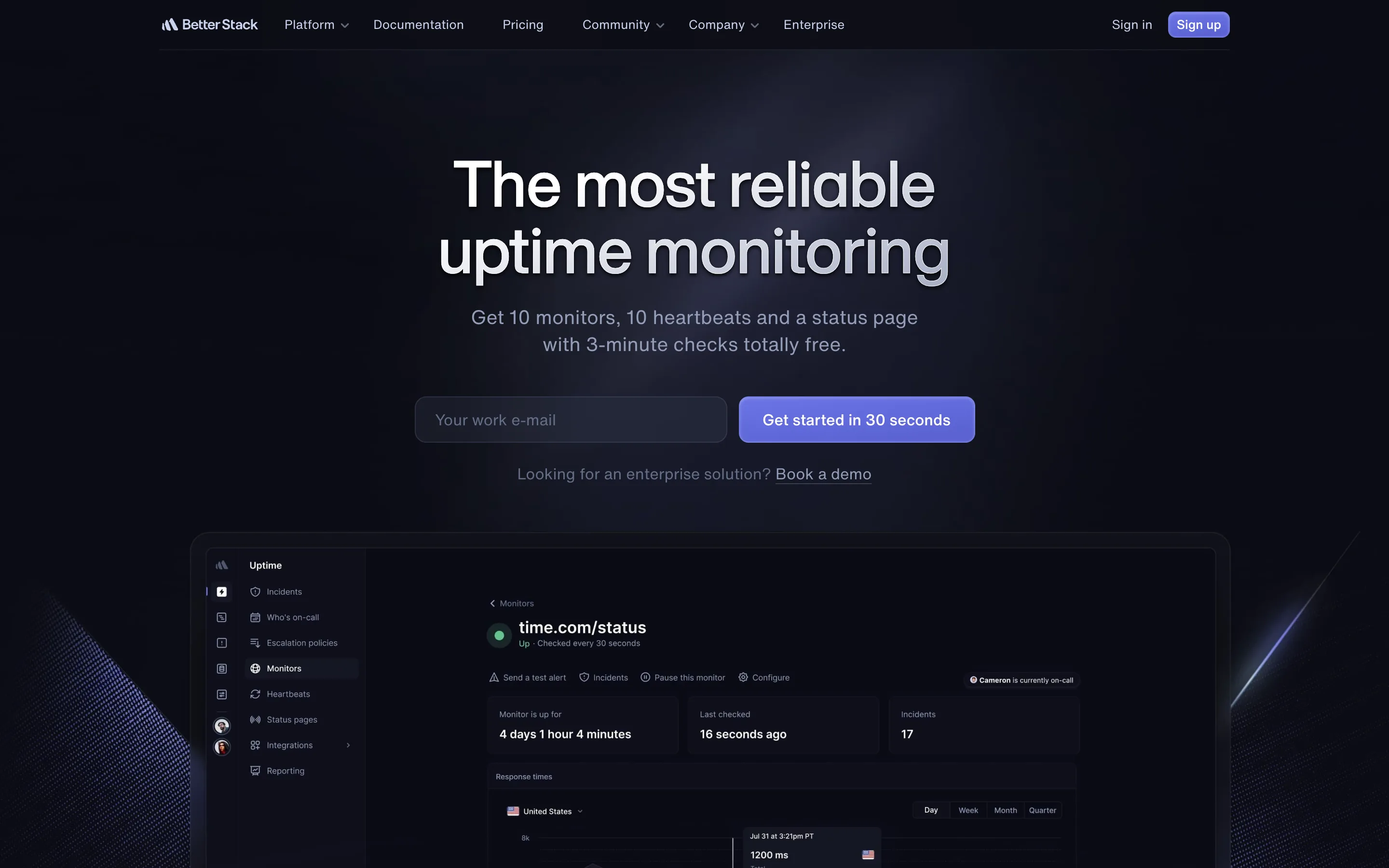 The Better Stack uptime page stating 10 monitors, 10 heartbeats and a status page with 3-minute checks free, above a monitor dashboard