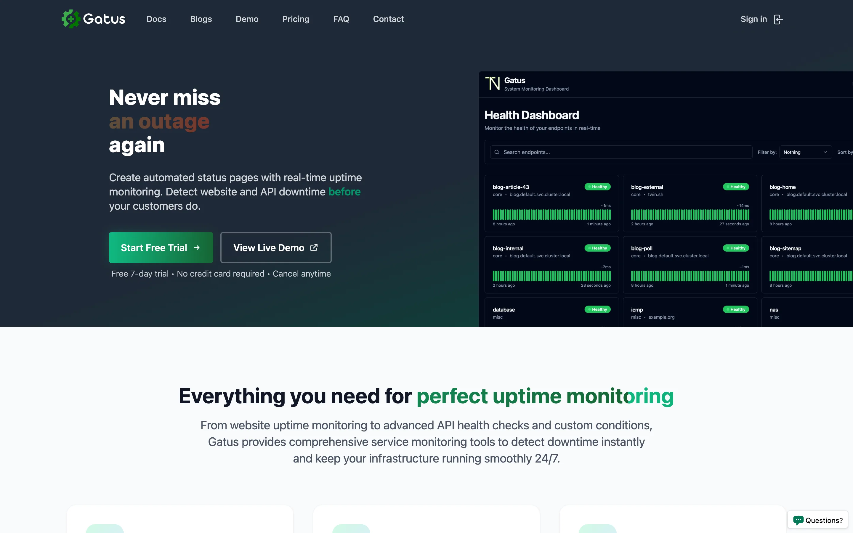 The Gatus homepage showing the automated status page pitch and a health dashboard of endpoint checks
