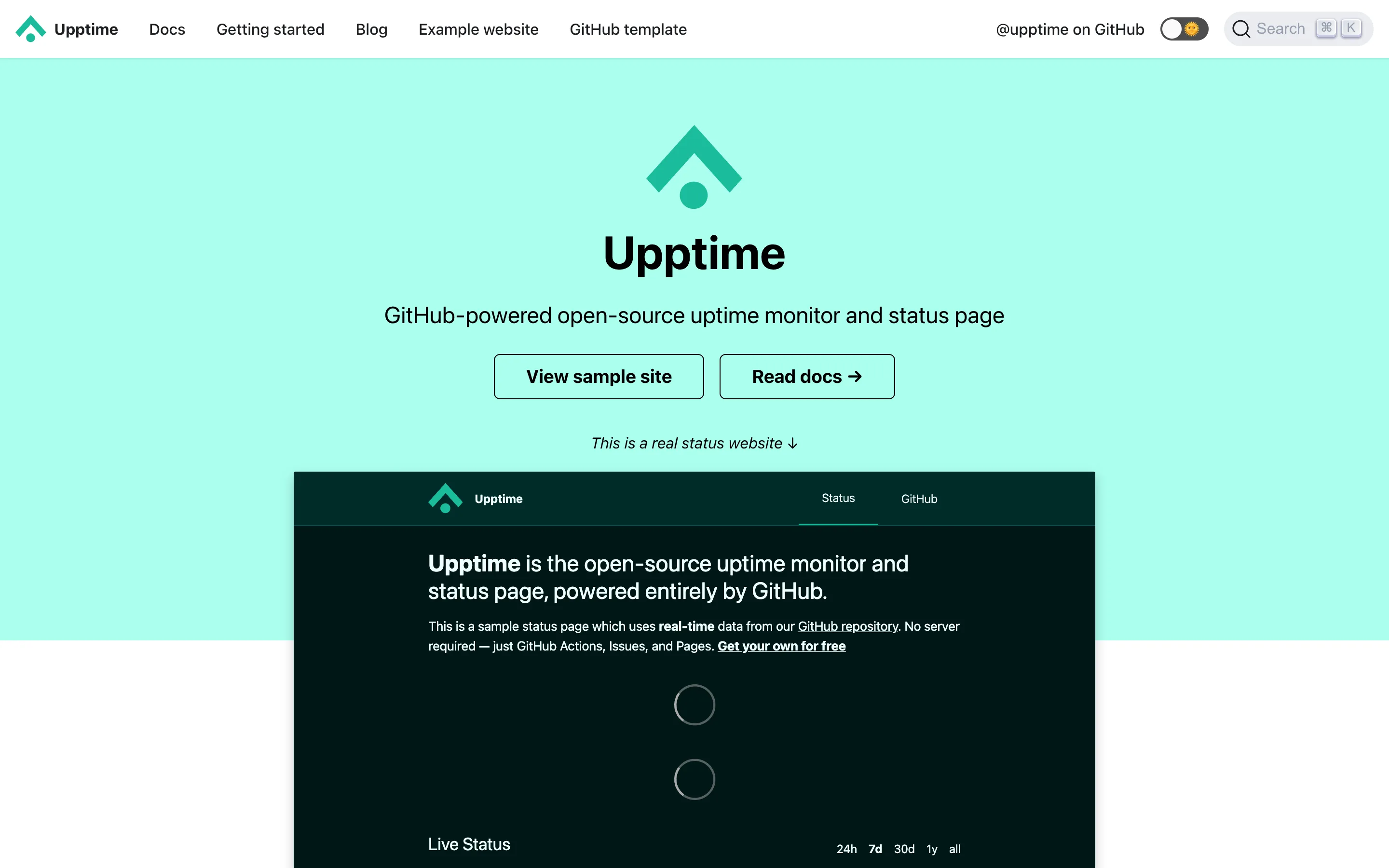 The Upptime homepage describing a GitHub-powered open-source uptime monitor and status page, with a live sample status page below