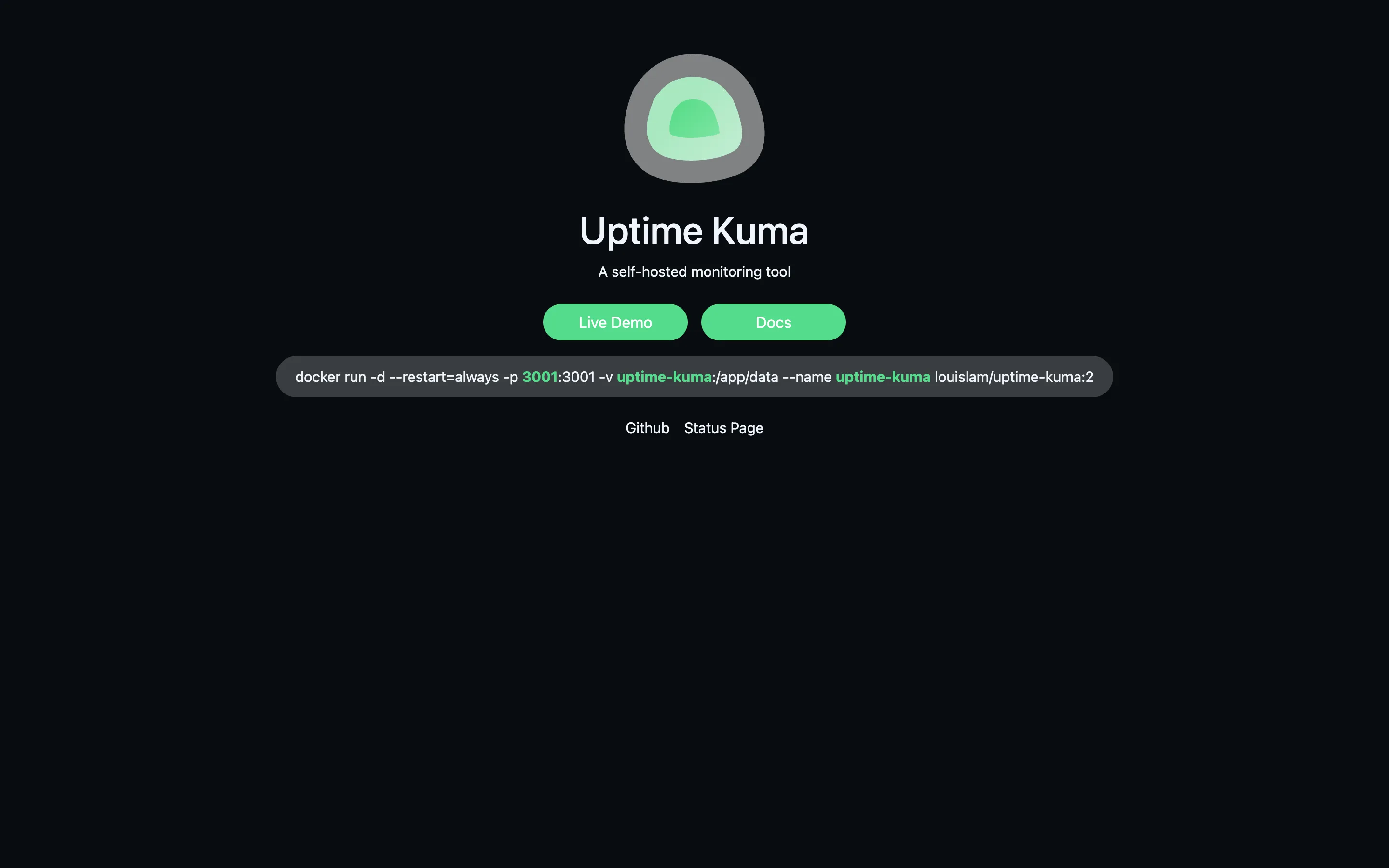 The Uptime Kuma homepage showing the project logo, a self-hosted monitoring tagline and the docker run command