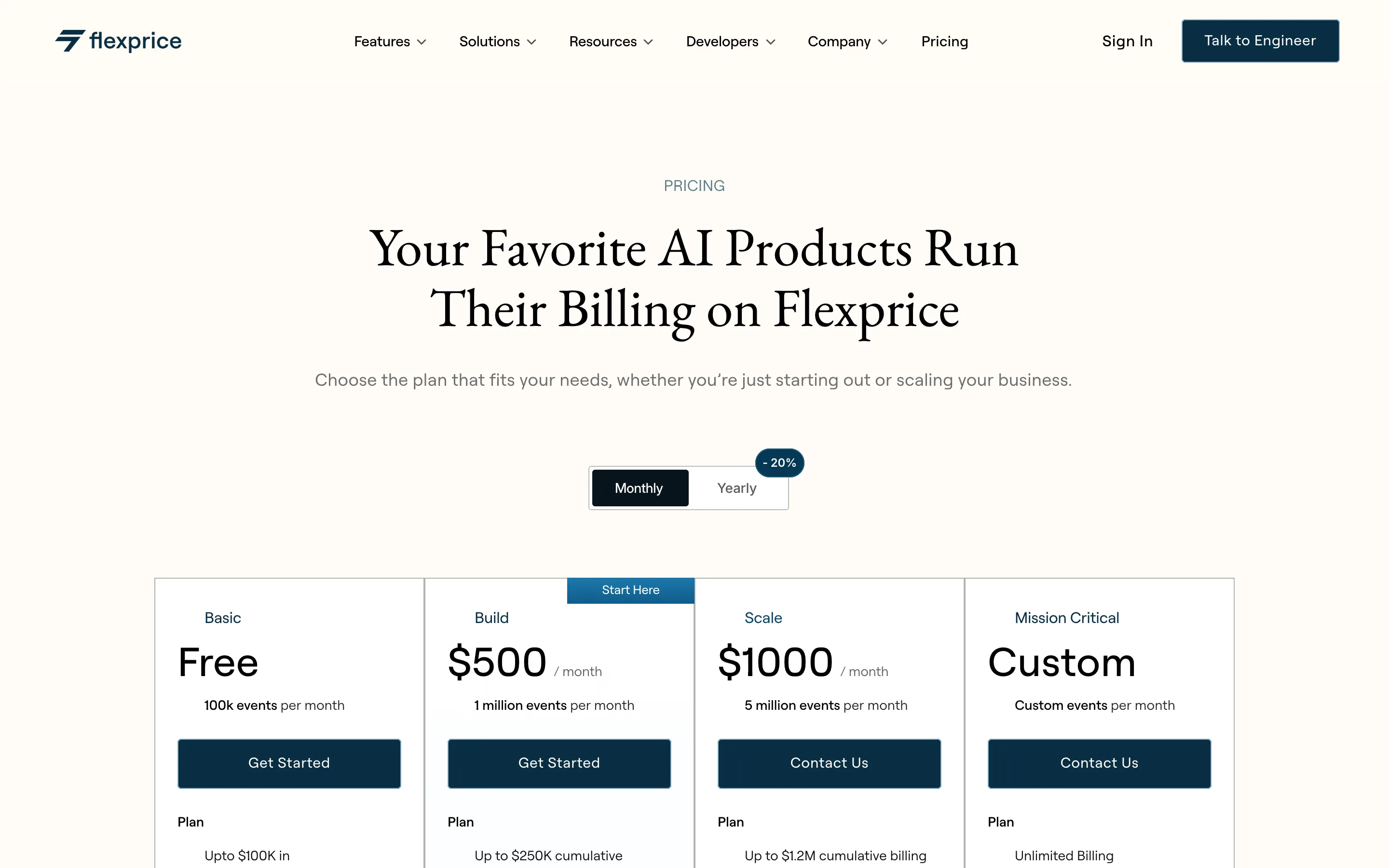 Flexprice pricing page headed "Your Favorite AI Products Run Their Billing on Flexprice" with four plans: Basic free at 100k events per month, Build at $500 per month, Scale at $1000 per month and Mission Critical custom