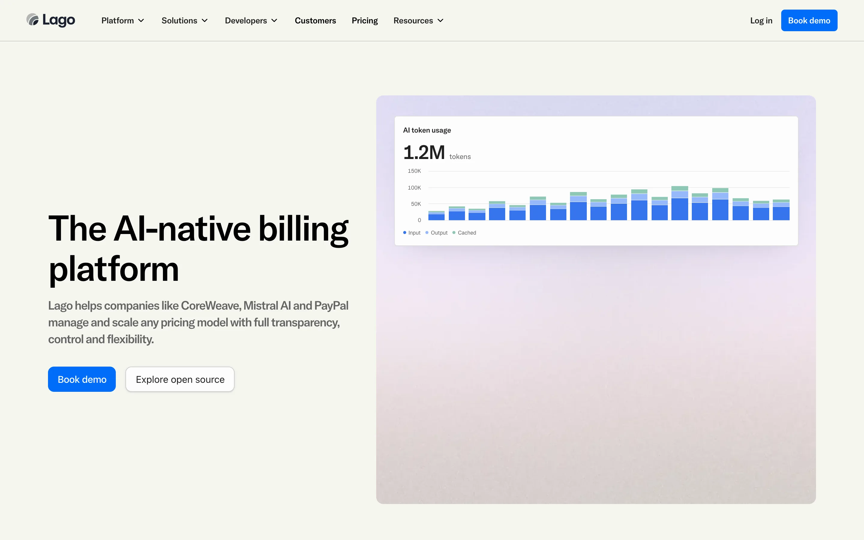 Lago homepage headlined "The AI-native billing platform" with a dashboard panel showing AI token usage of 1.2M tokens split into Input, Output and Cached bars