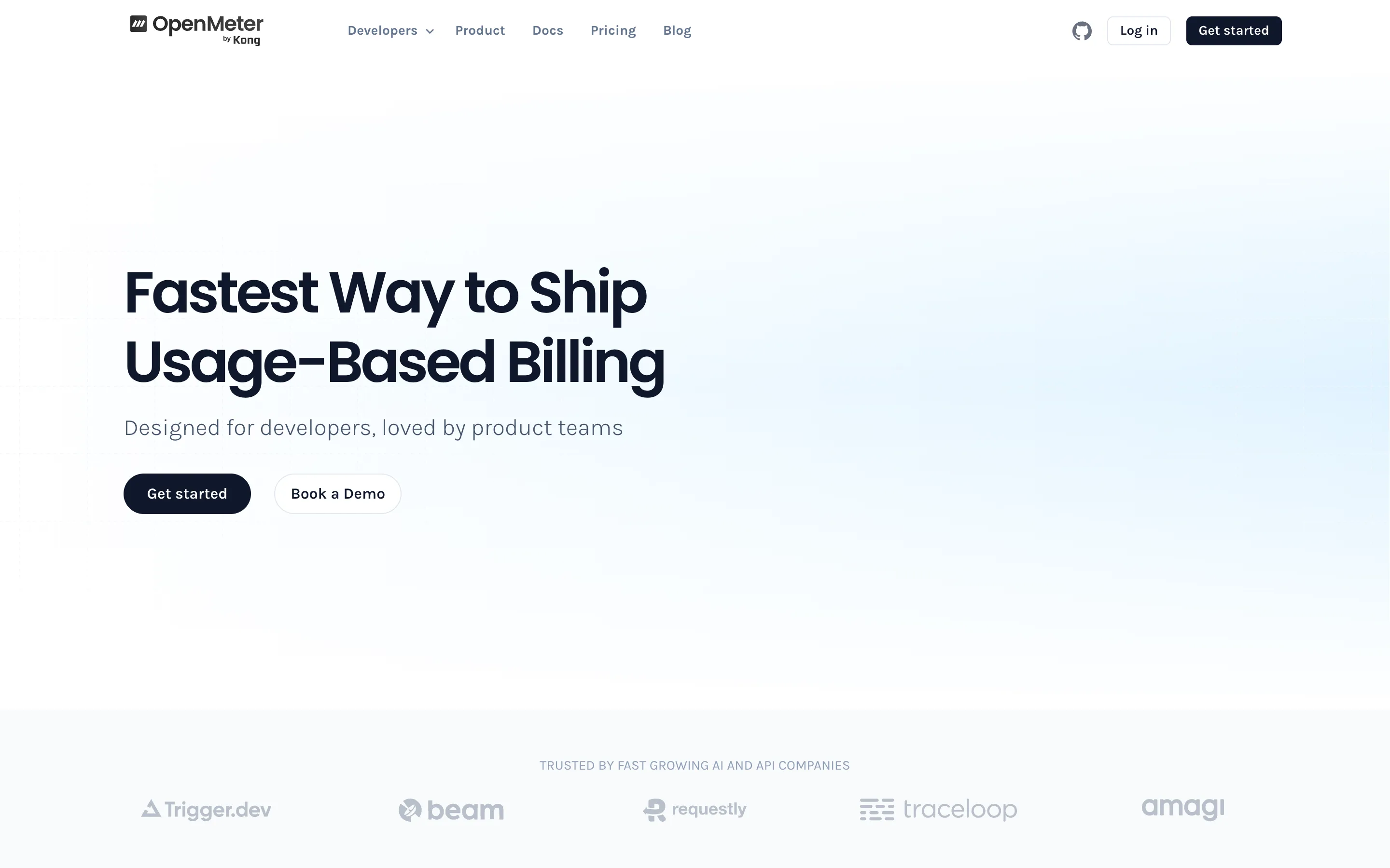 OpenMeter homepage with the logo reading "OpenMeter by Kong" and the headline "Fastest Way to Ship Usage-Based Billing", above customer logos for Trigger.dev, beam, requestly, traceloop and amagi