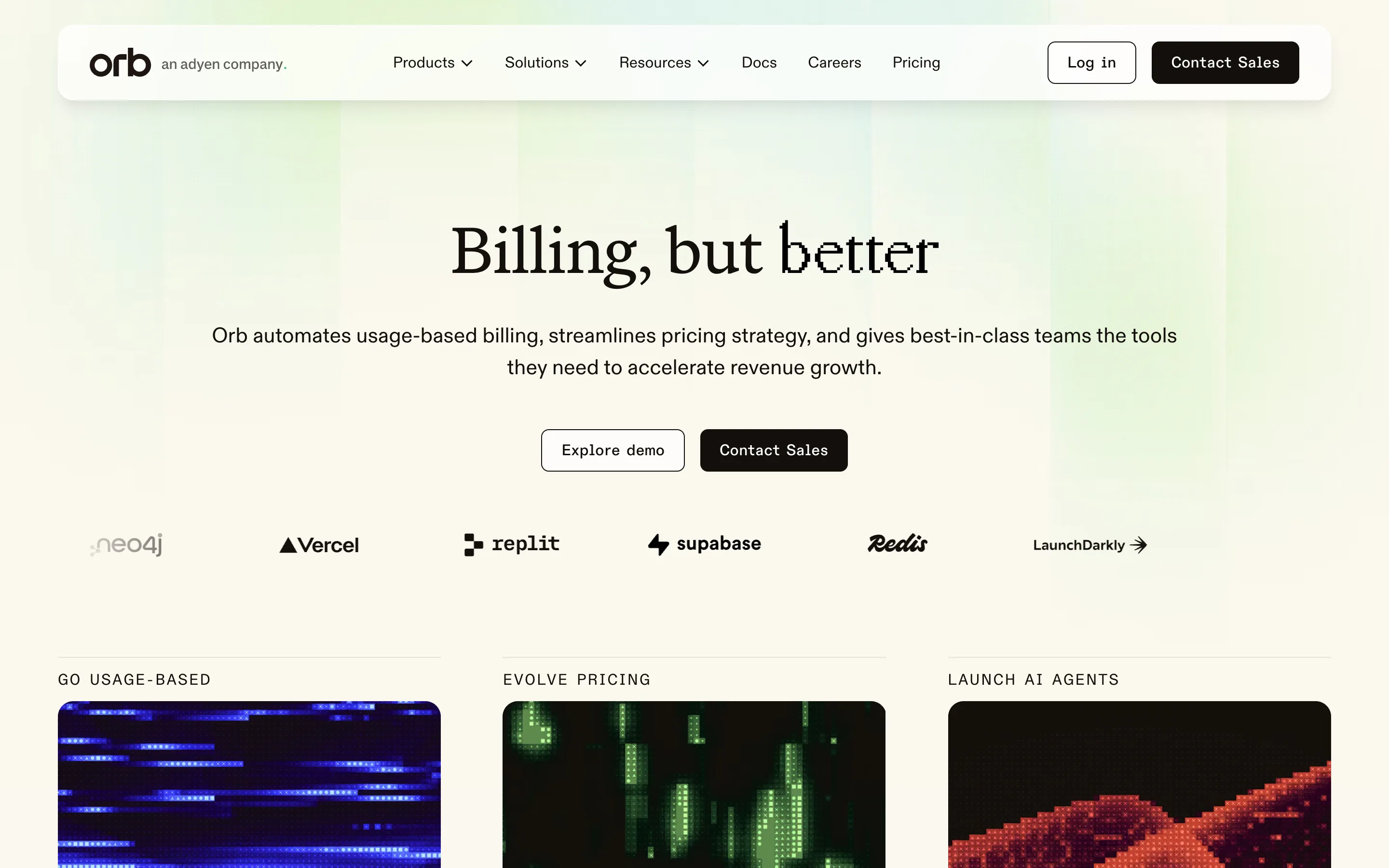 Orb homepage with the logo reading "orb, an adyen company" and the headline "Billing, but better", above customer logos for neo4j, Vercel, replit, supabase, Redis and LaunchDarkly