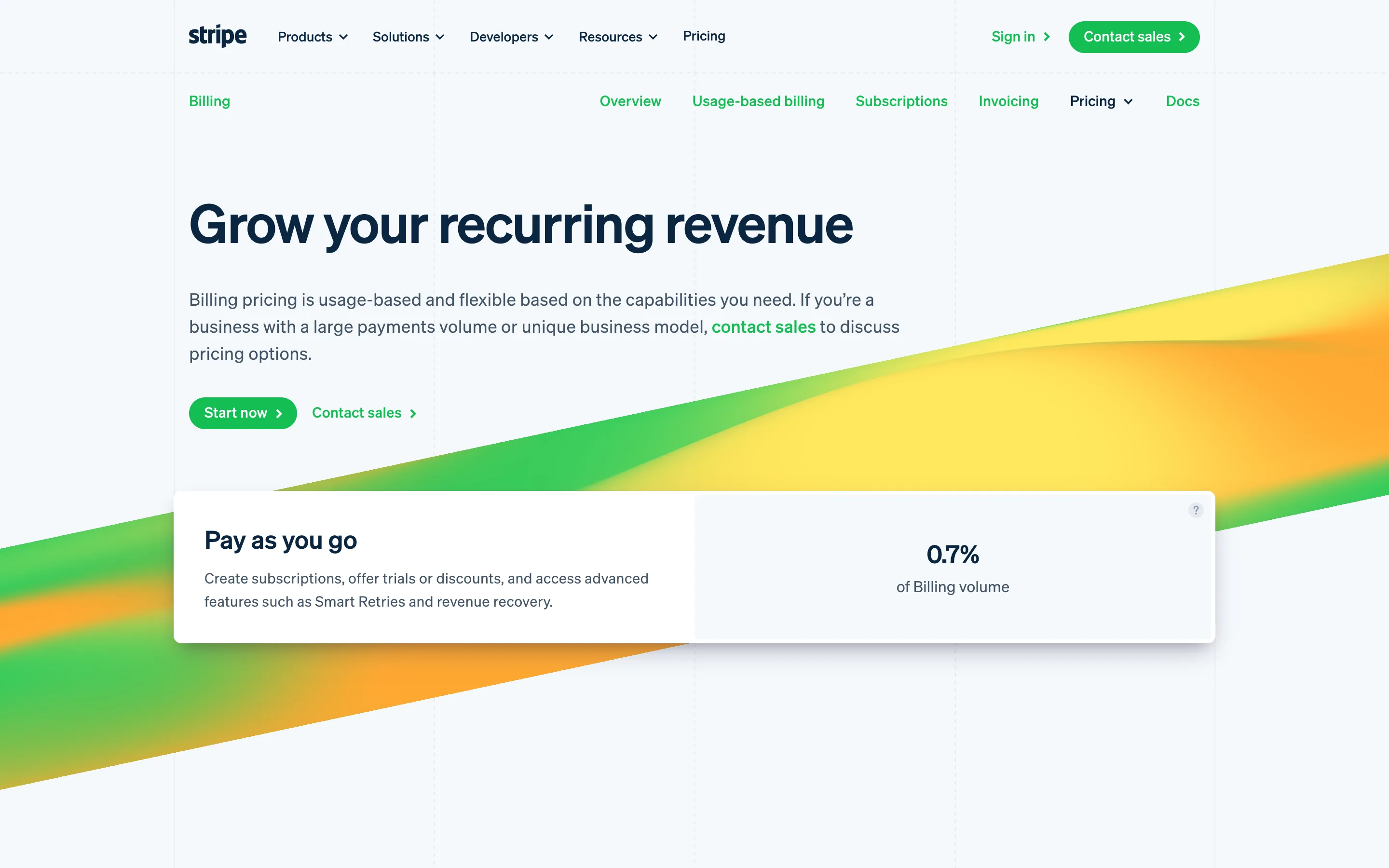 Stripe Billing pricing page headed "Grow your recurring revenue" with a Pay as you go card showing 0.7% of Billing volume